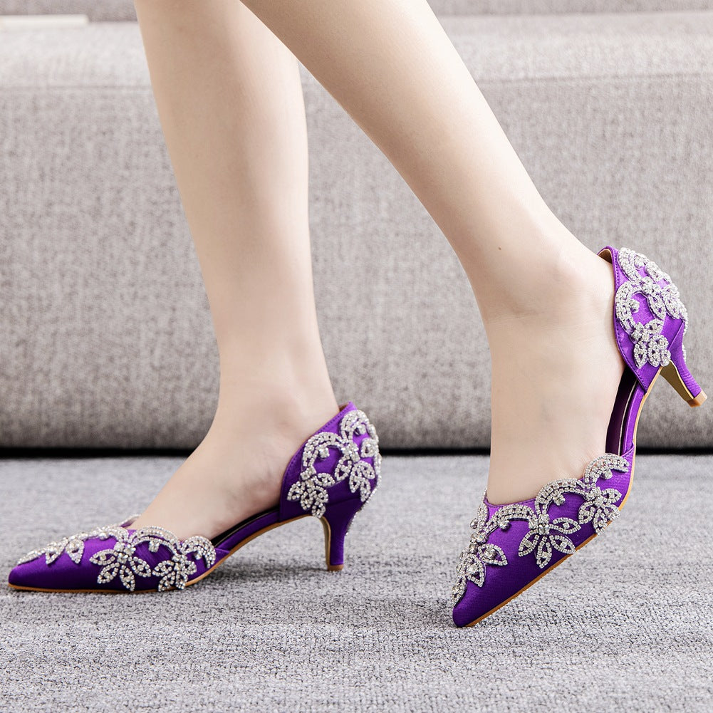 Pointed Toe Mid Cutout Two-Piece Rhinestone Slip On Kitten Heels