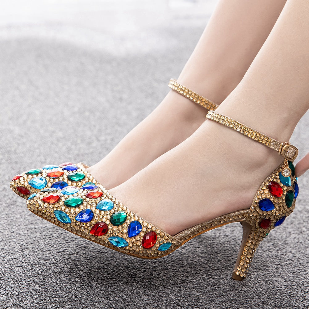 Pointed Toe Colorful Rhinestone Decor Ankle-Strap High Heels