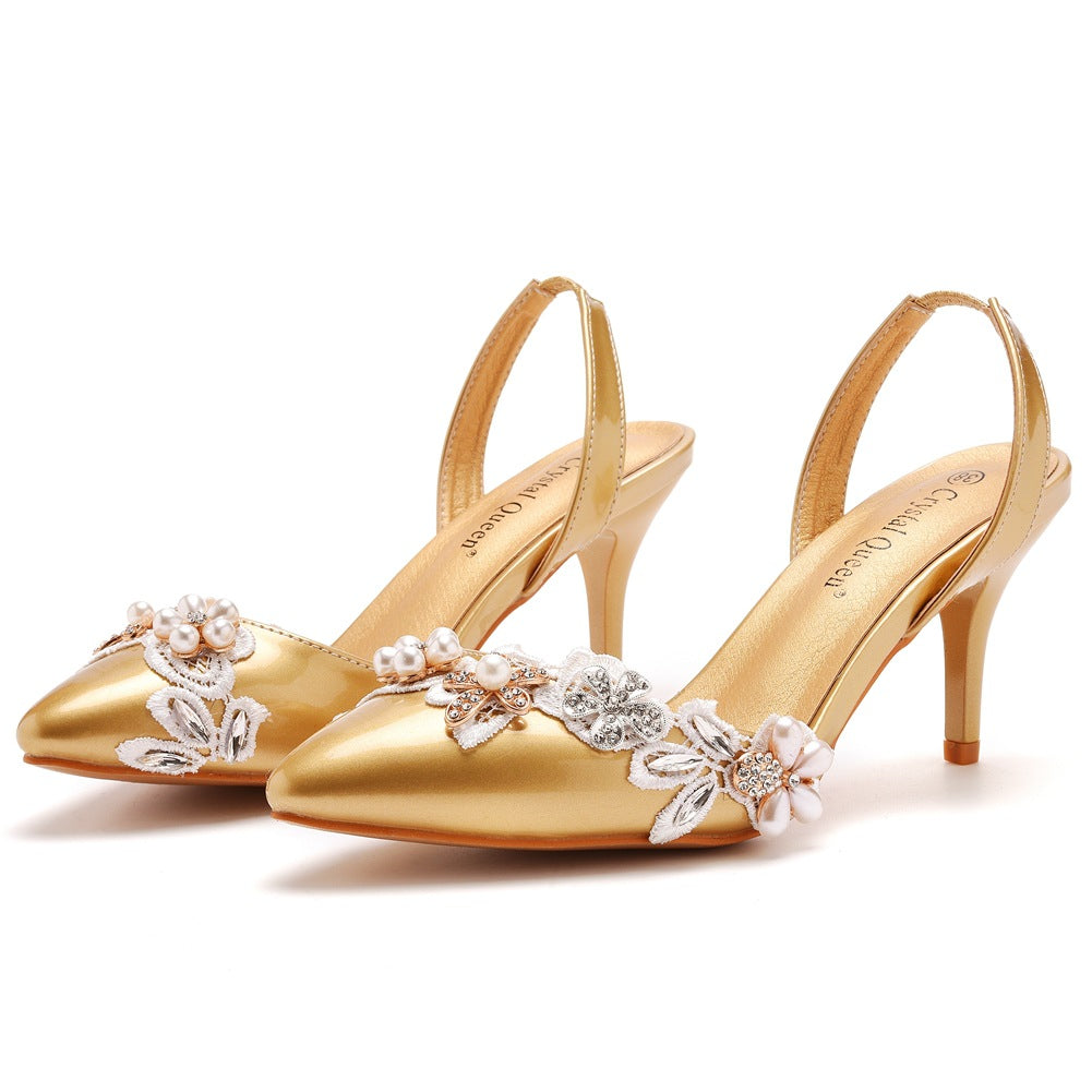 Pointed Toe Pearl Lace Appliques Decor Slingback High Heels