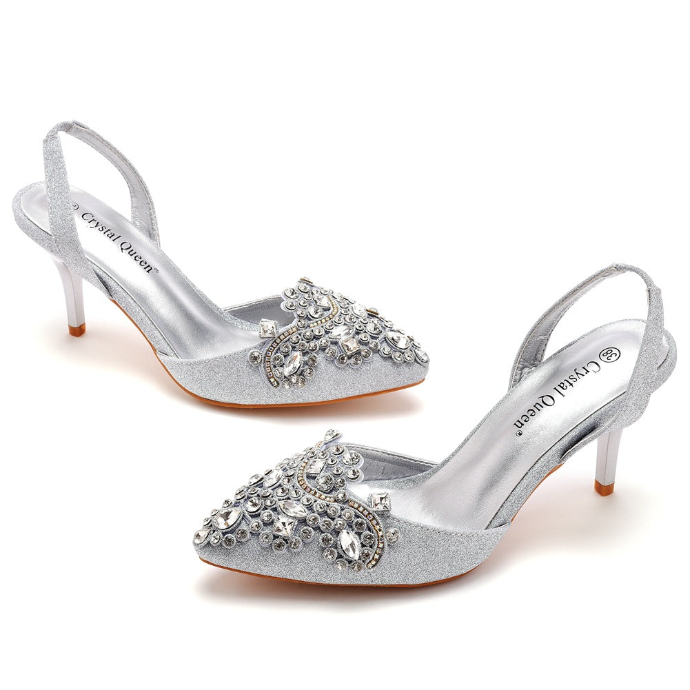 Pointed Toe Classic Rhinestone Flower Slingback High Heels