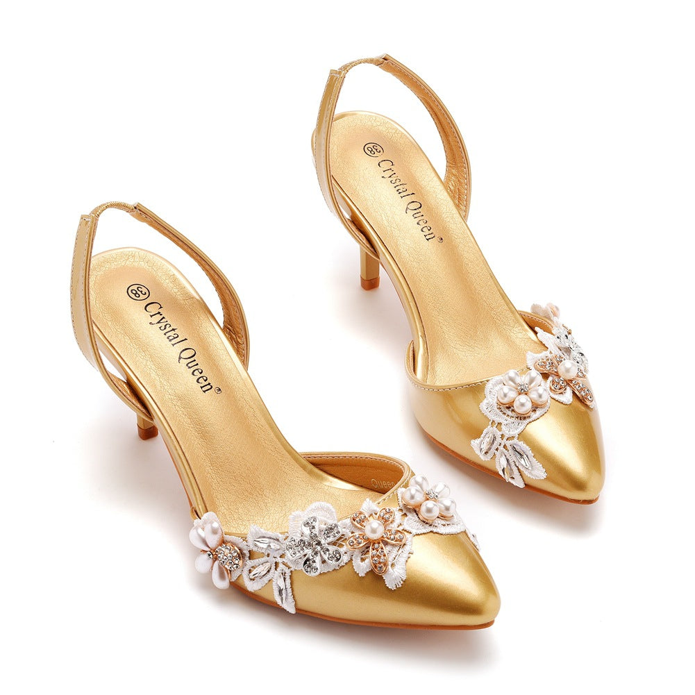 Pointed Toe Pearl Lace Appliques Decor Slingback High Heels