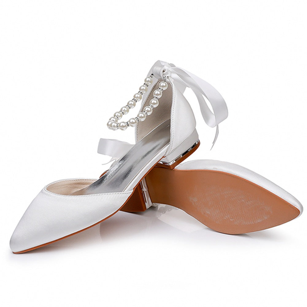 Satin Beaded Ribbon Kitten Heels Bridal Shoes