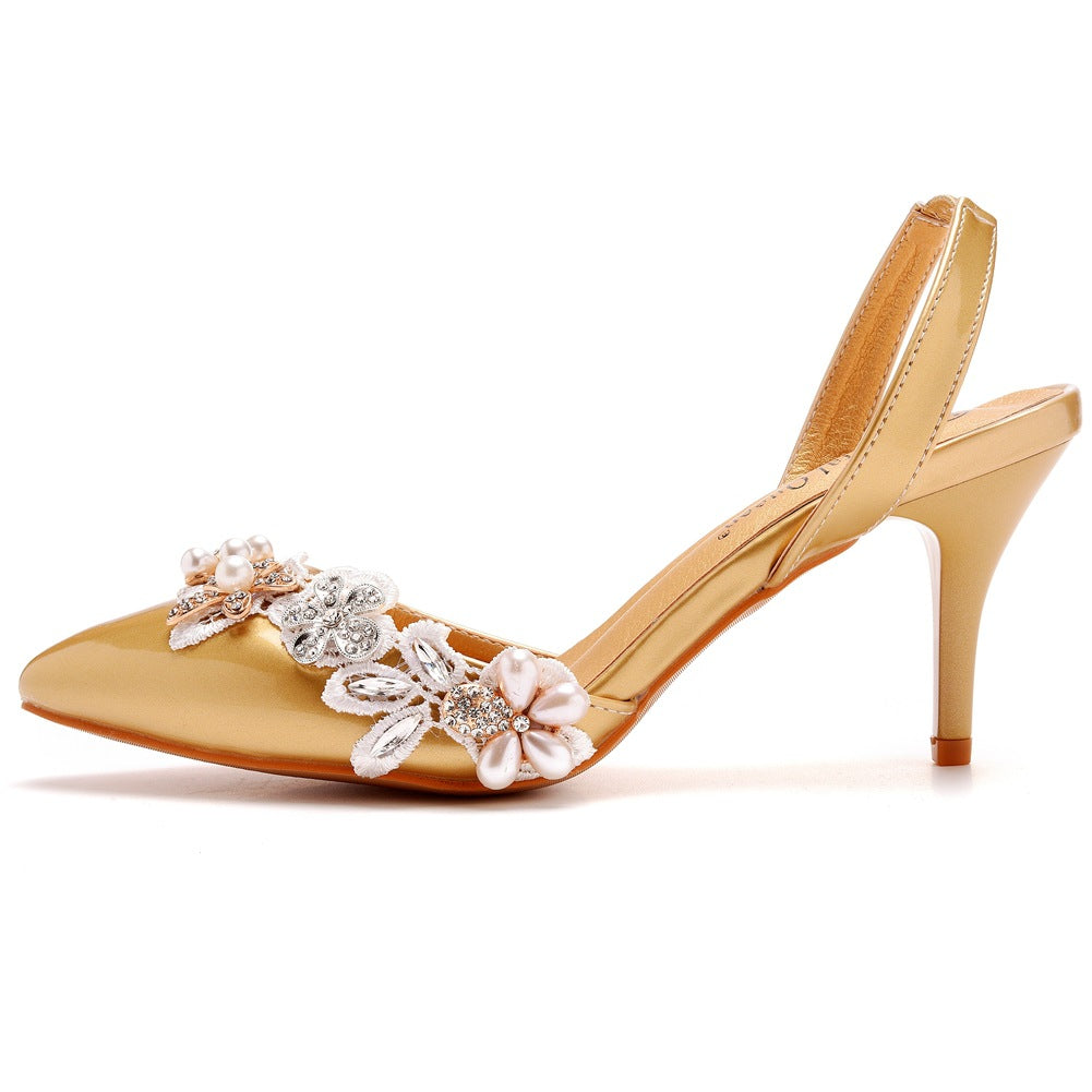 Pointed Toe Pearl Lace Appliques Decor Slingback High Heels