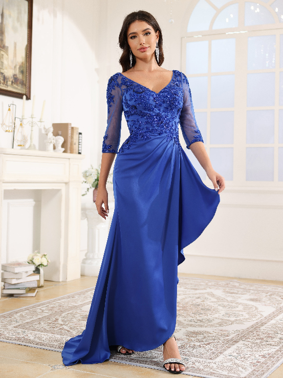 Half Sleeves V Neck Satin Long Prom Dress