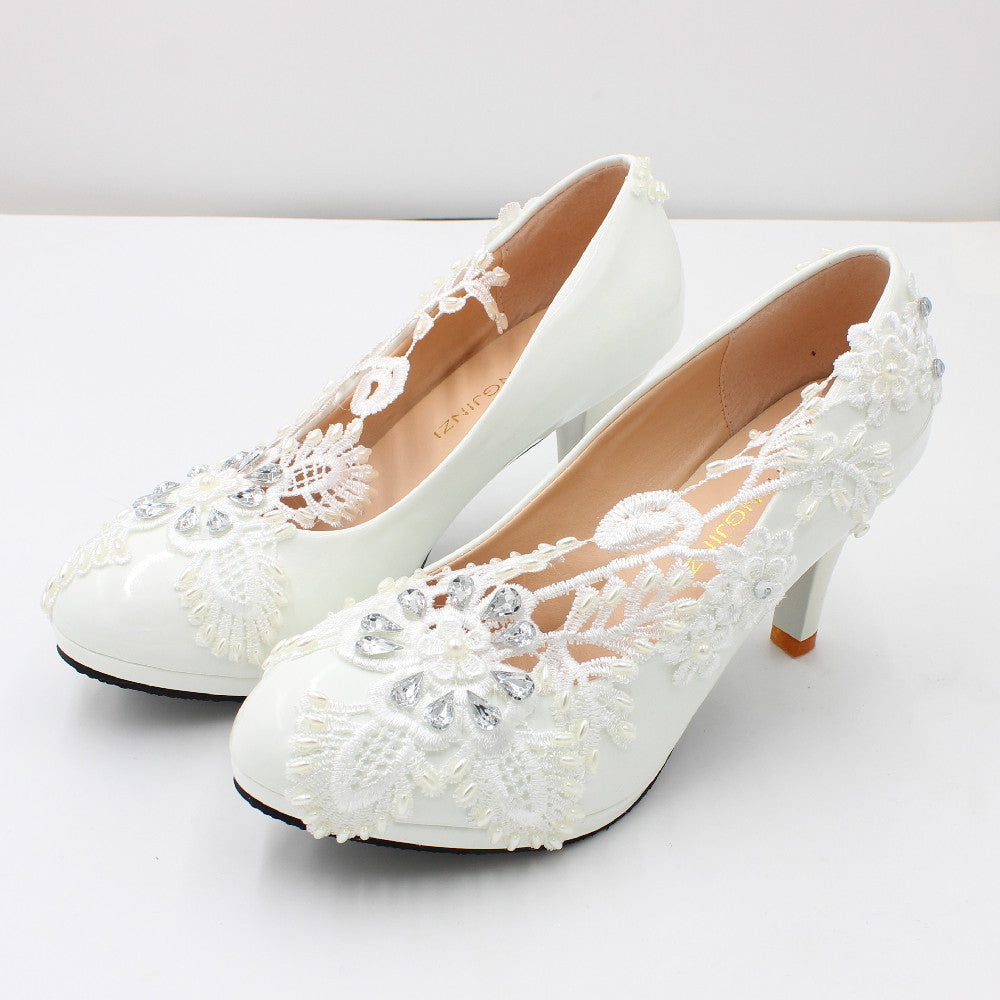 Round Toe Diamond High Heels Lace Women's Wedding Shoes