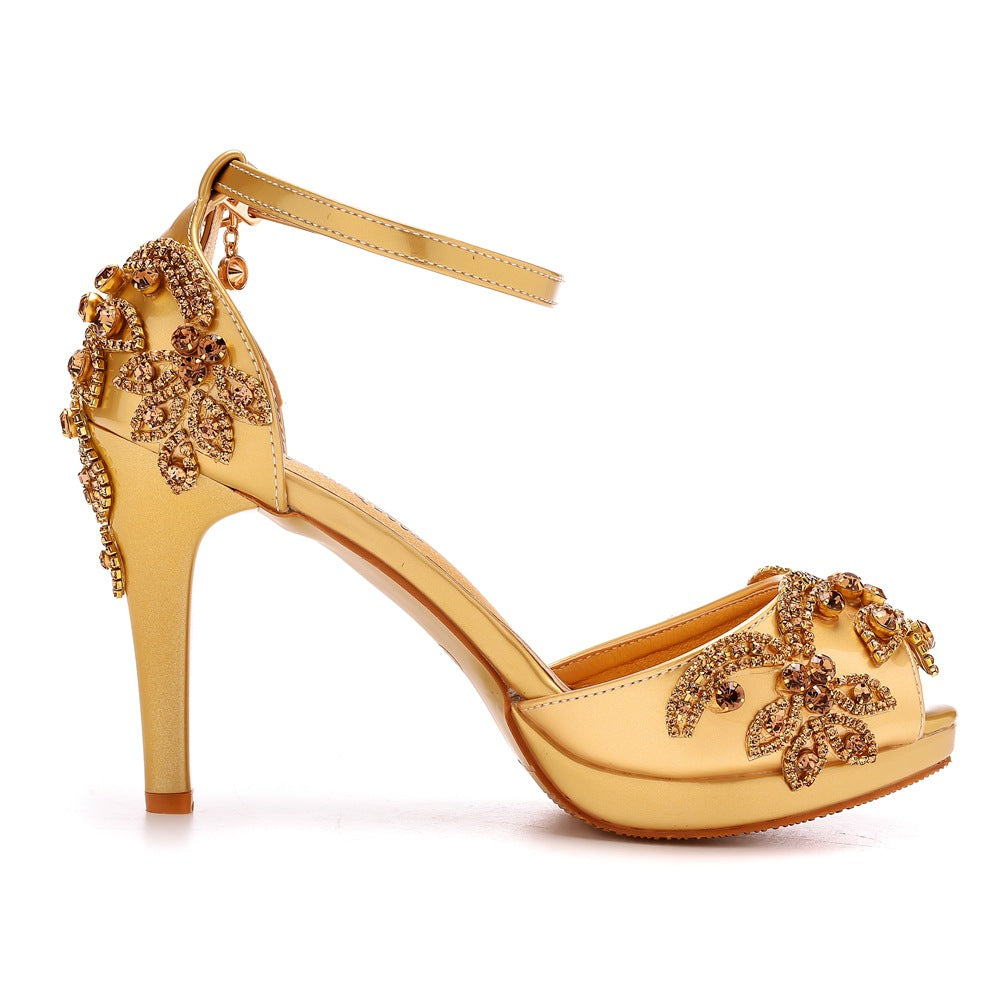 Peep Toe Rhinestone Flower Decor Platform Ankle-Strap High Heels