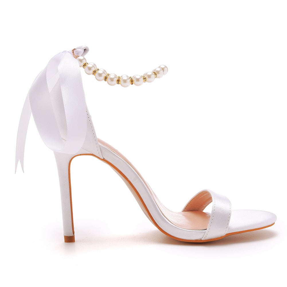 Open Toe Bow & Faux Pearl Satin Ankle Strap Stiletto