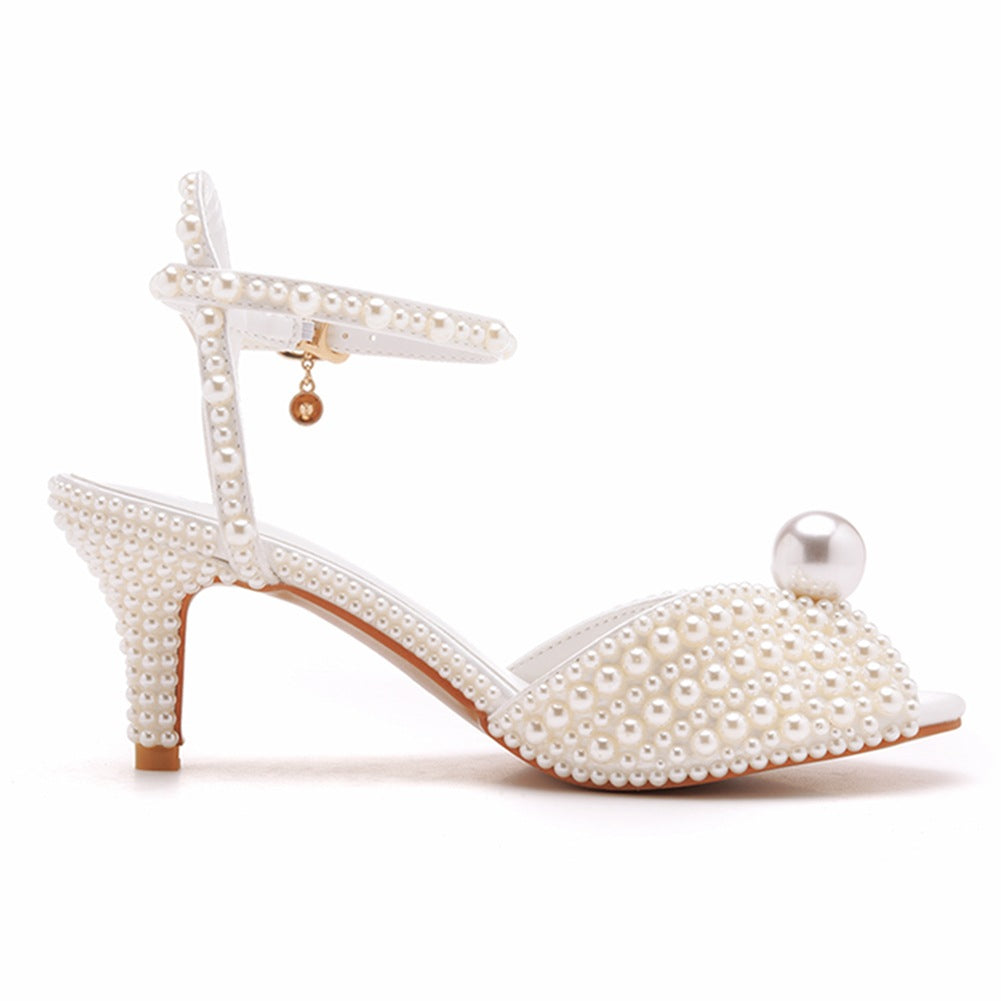 Satin Faux Pearl Peep Toe One-Strap High Heel Sandals