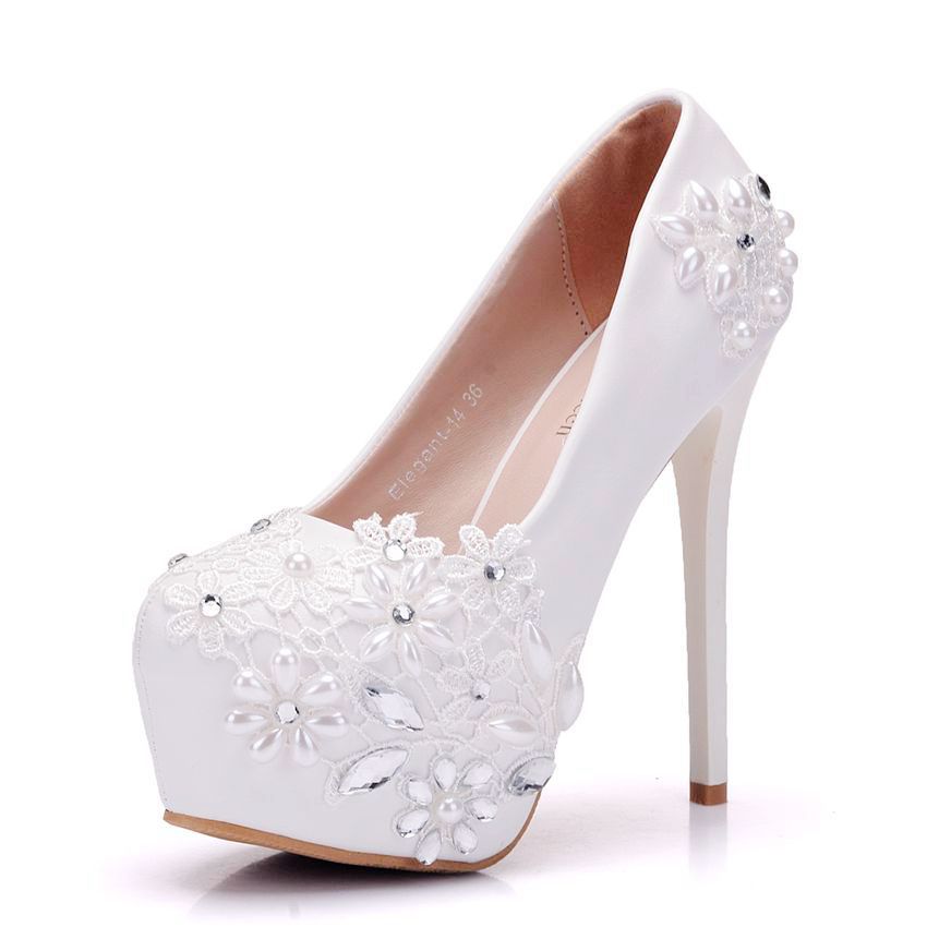 Rhinestone Pearl Lace Decor Bridal Platform Slip On Ultra High Heels