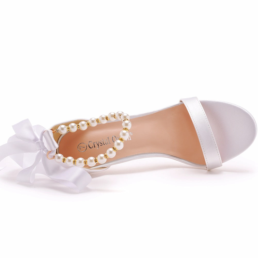 Open Toe Bow & Faux Pearl Satin Ankle Strap Stiletto