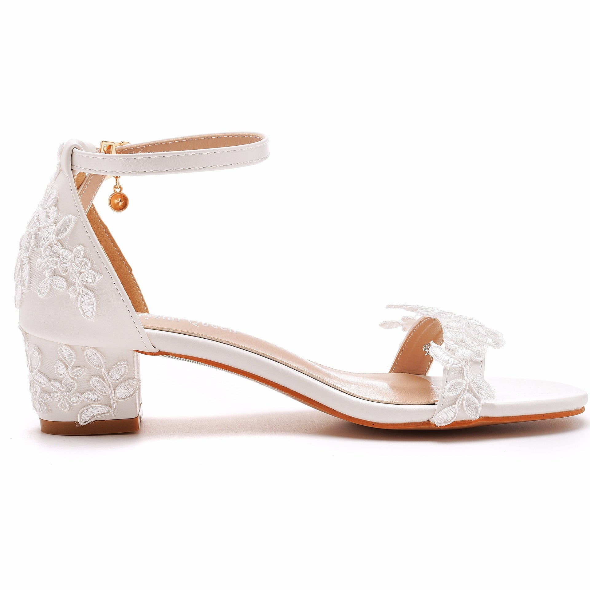 Open Toe White Lace Flowers Block Heels Ankle-Strap Pumps