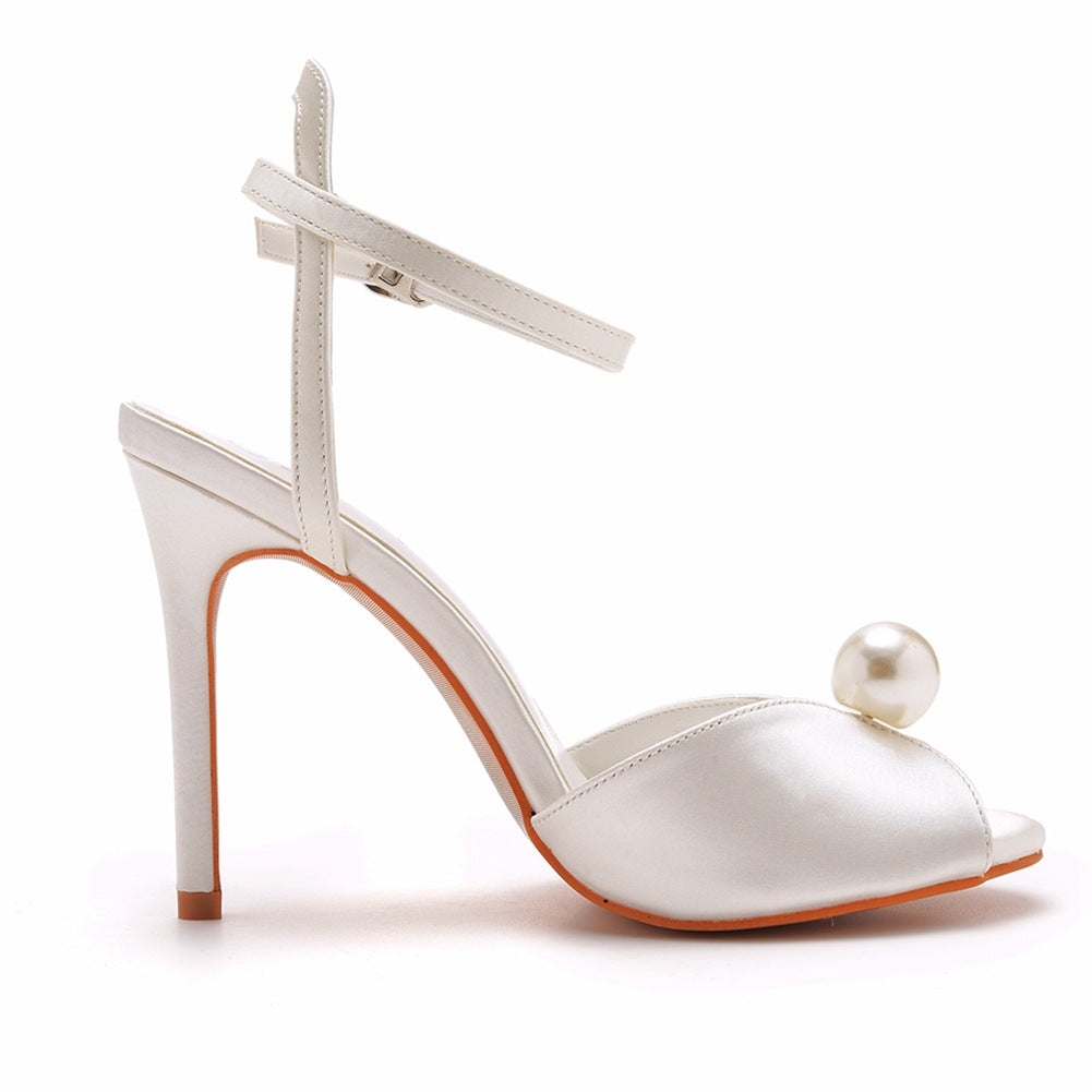 Peep Toe Satin Pearl Ankle Strap Buckle Ultra High Heels