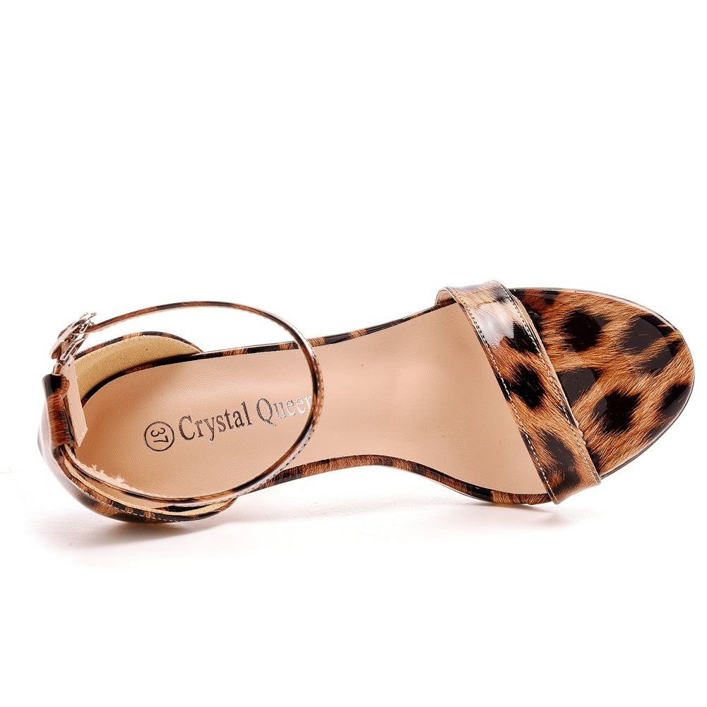 Open Toe Leopard Print Ankle Strap Stiletto High Heel