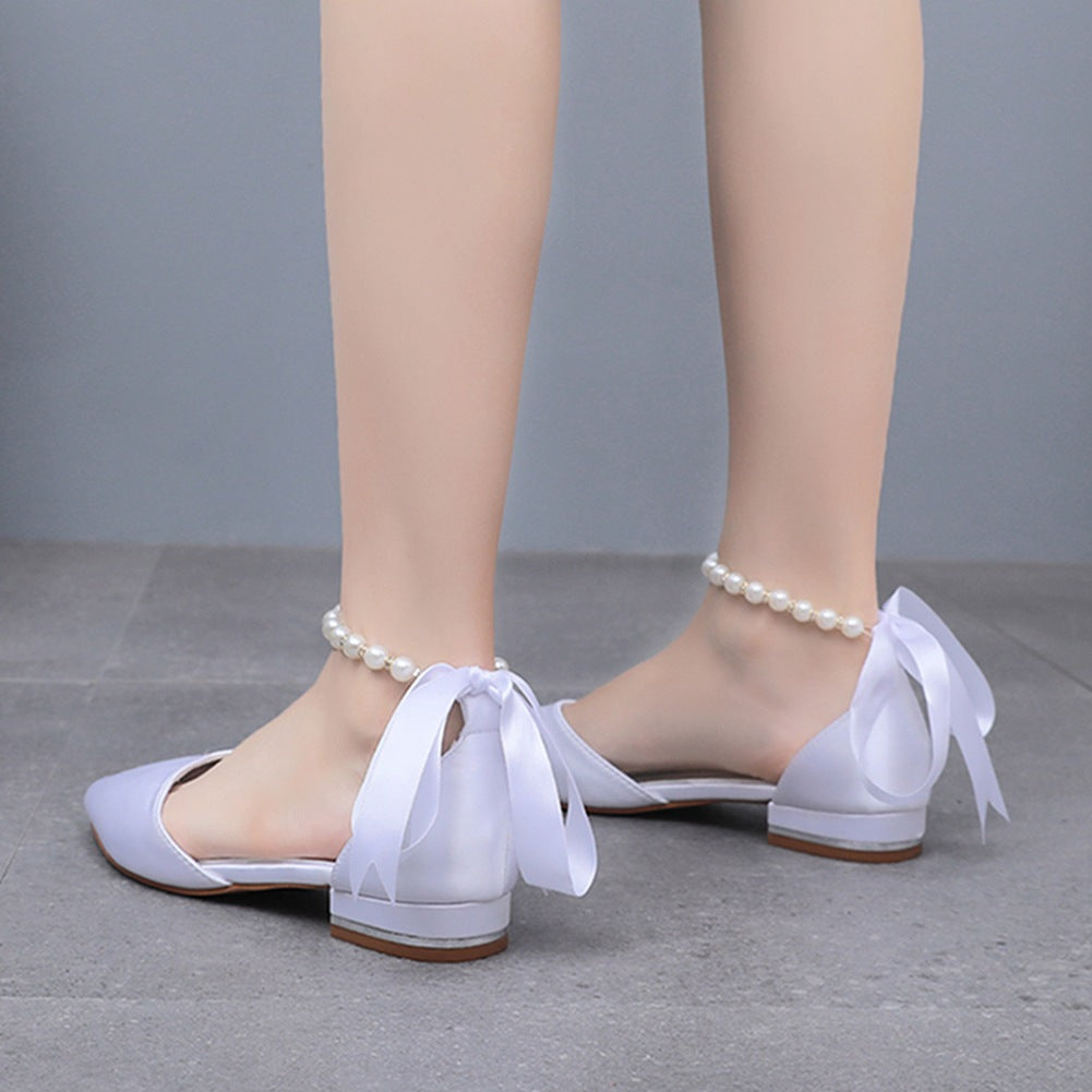 Elegant Pearl Ribbon Tie Satin Flat Heel Pointed Toe Bridal Shoes