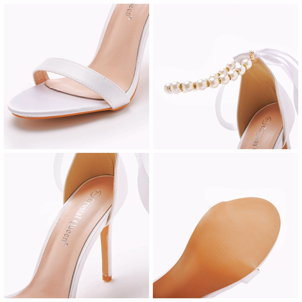 Open Toe Bow & Faux Pearl Satin Ankle Strap Stiletto