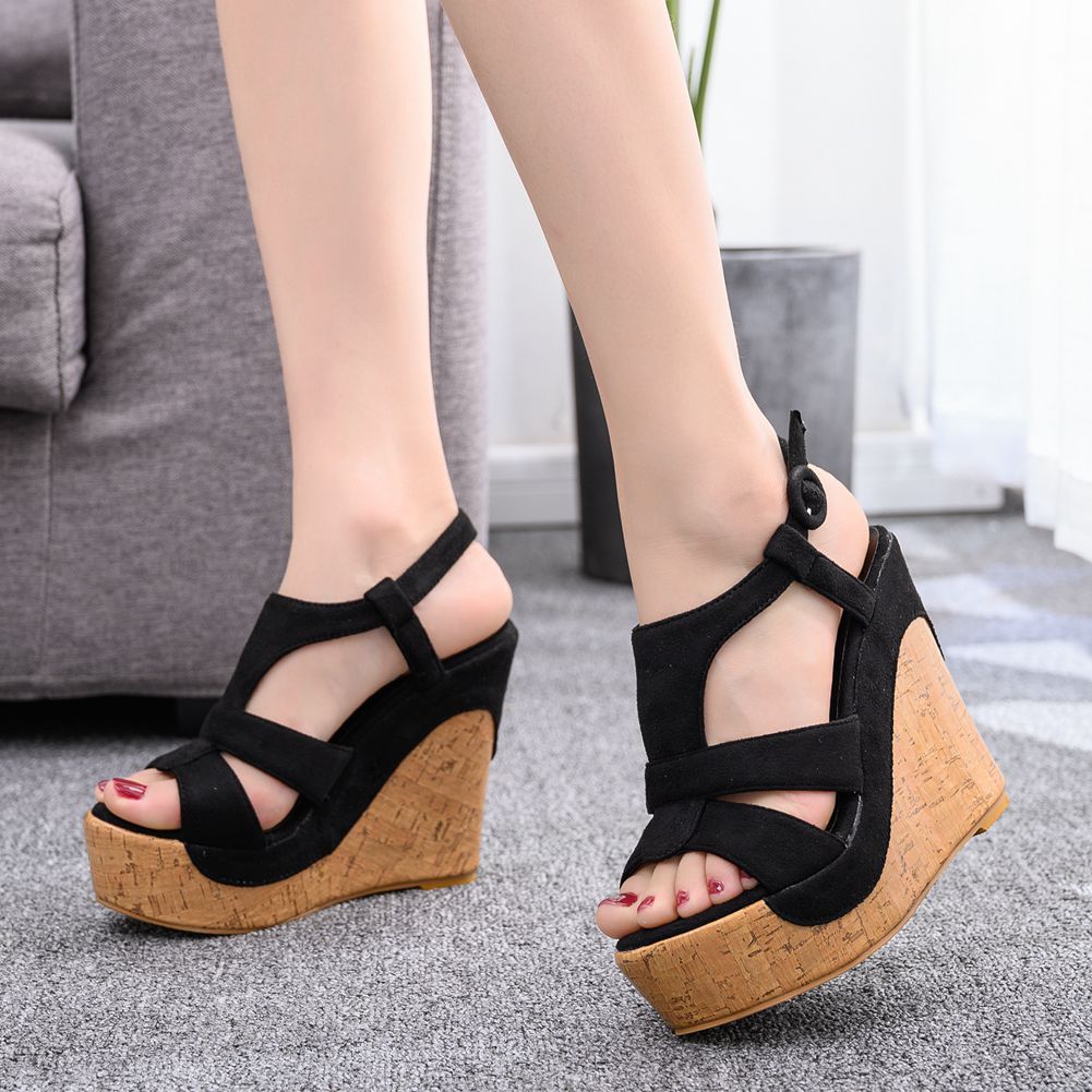 Suede Wood Grain Peep Toe Platform Wedges Sandals