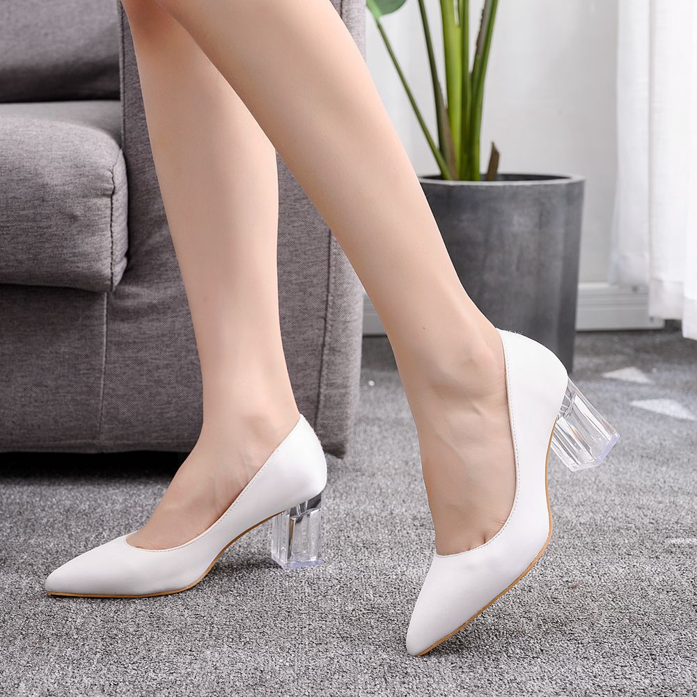 Pointed Toe White Block Heels Crystal Transparent Square Heels