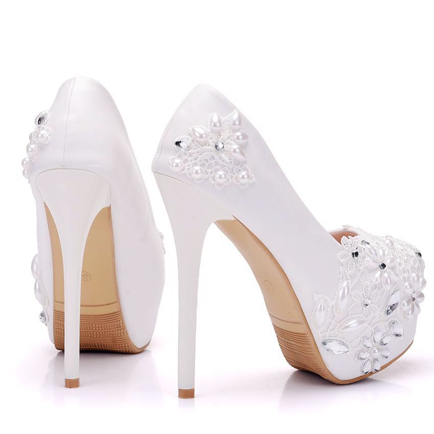 Rhinestone Pearl Lace Decor Bridal Platform Slip On Ultra High Heels