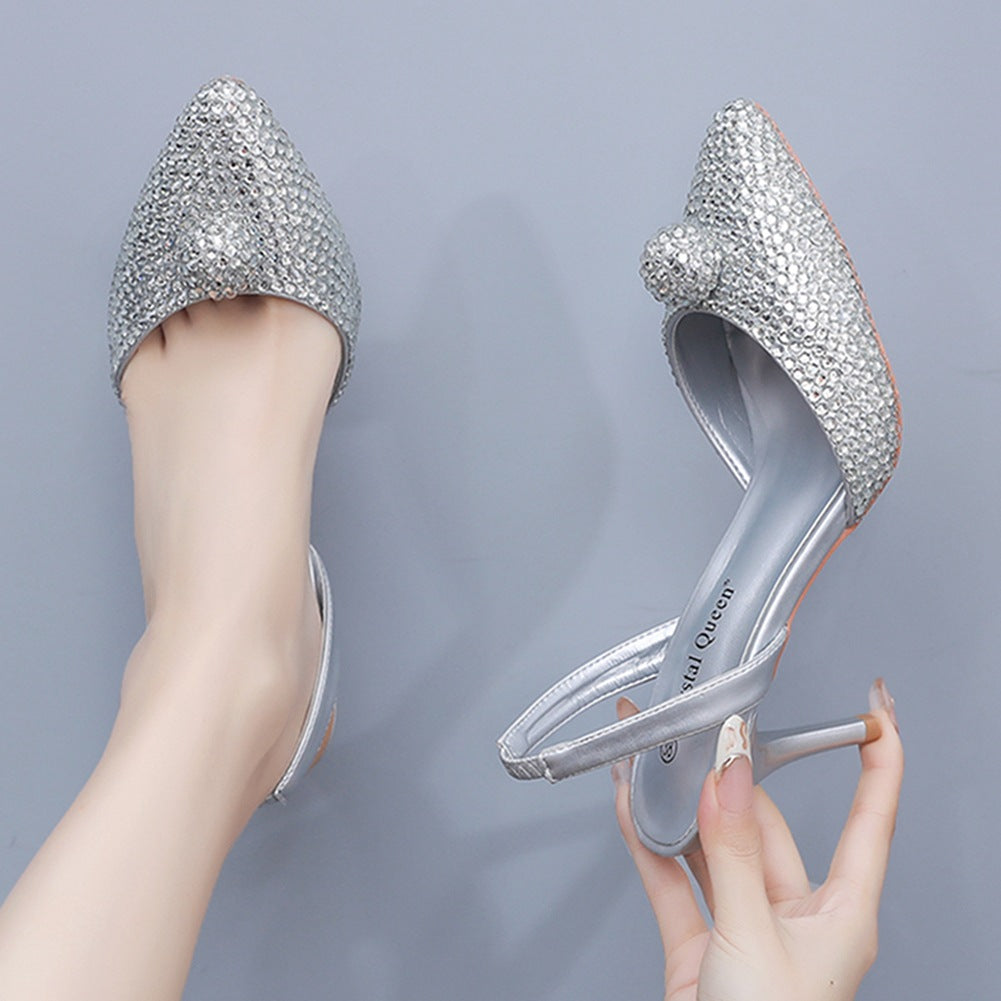 Glittering Rhinestone Ball Bead Pointed Toe High Heels