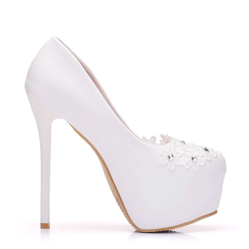 Rhinestone Pearl Lace Decor Bridal Platform Slip On Ultra High Heels