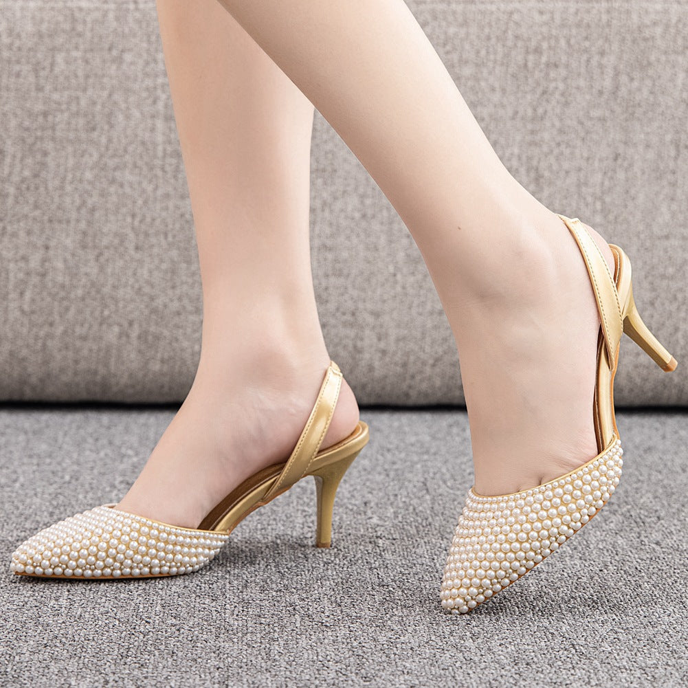 Pointed Toe Pearl Slingback High Heels