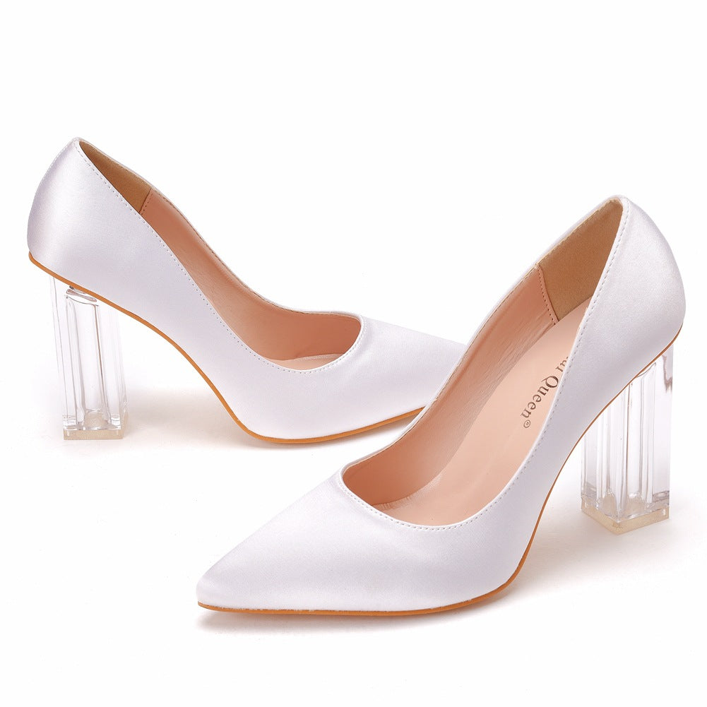 Pointed Toe White Block Heels Crystal Transparent Square Heels