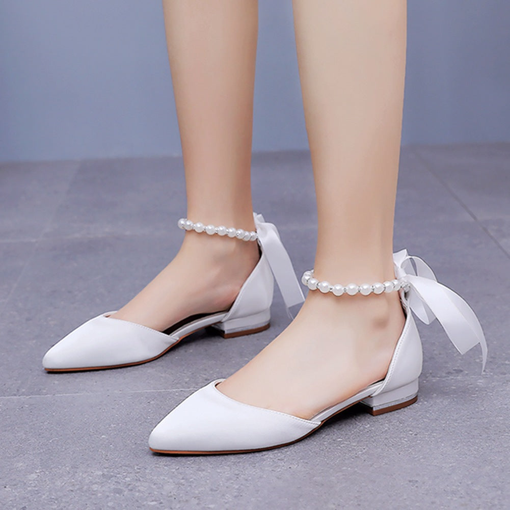 Satin Beaded Ribbon Kitten Heels Bridal Shoes