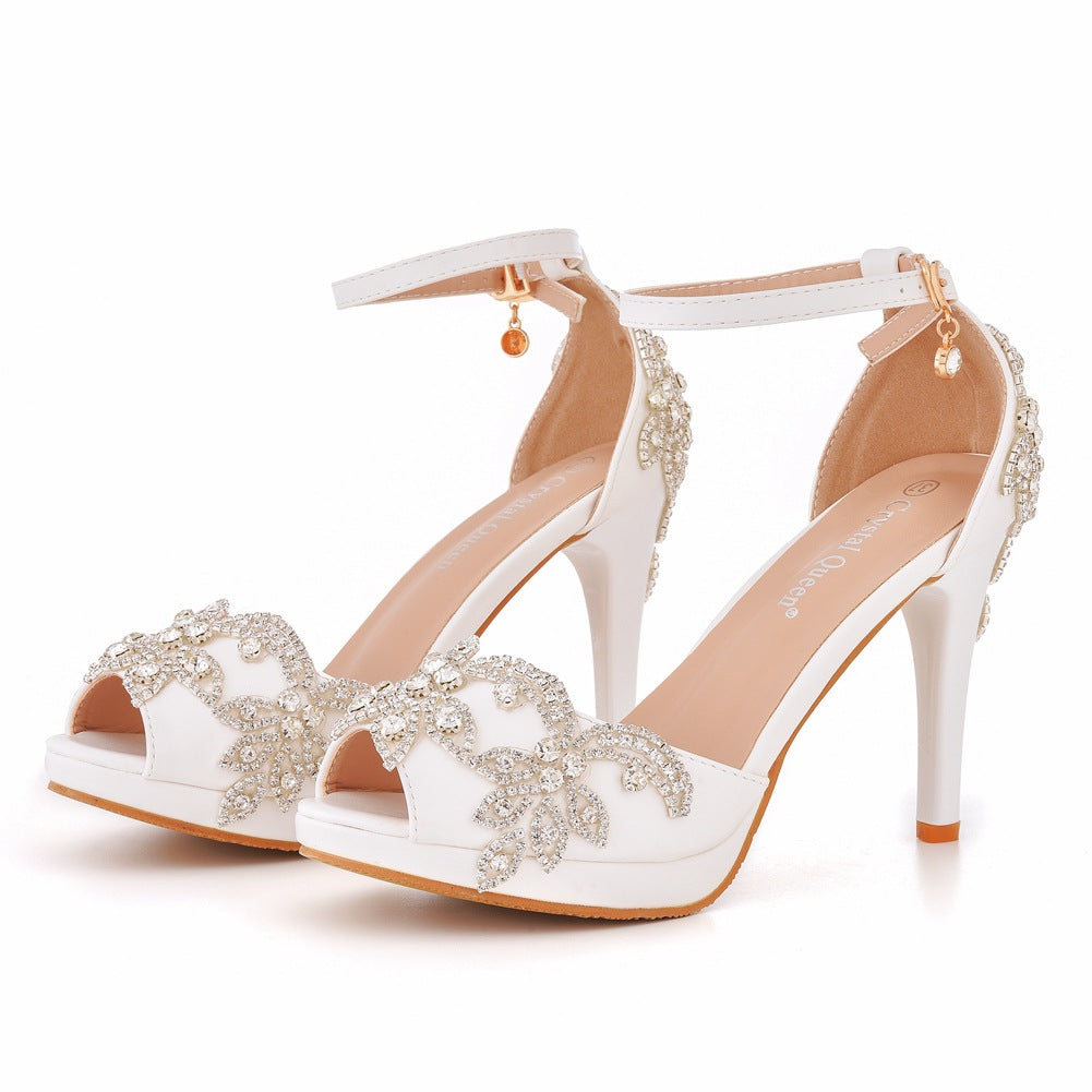 Peep Toe Rhinestone Flower Decor Platform Ankle-Strap High Heels