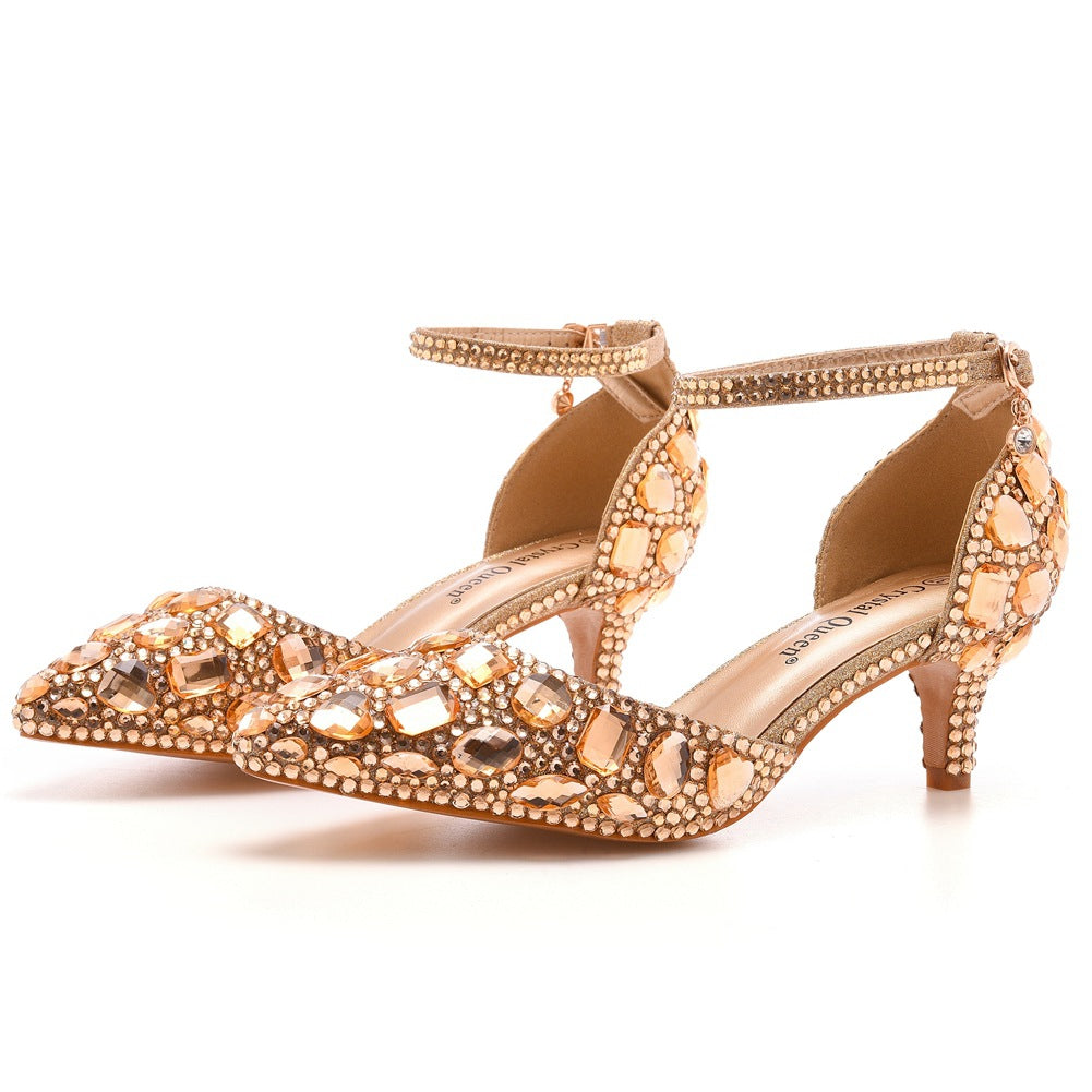 Pointed Toe Crystal Diamond Ankle Strap High Heel