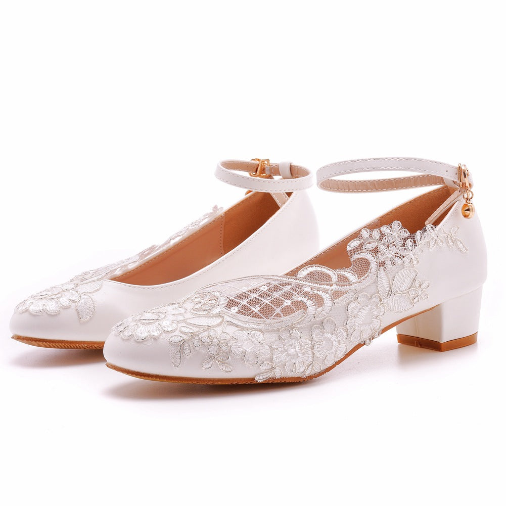 Round Toe Lace Ankle Strap Chunky Heel Wedding Shoes