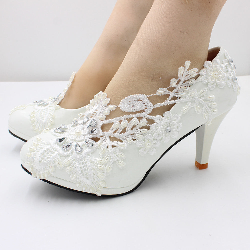 Round Toe Diamond High Heels Lace Women's Wedding Shoes