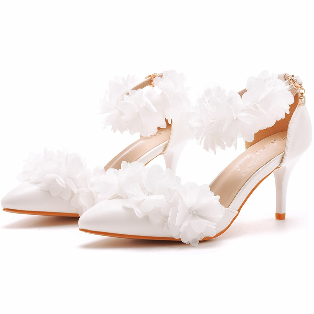 White Flowers Pointed Toe Ankle Strap High Heels