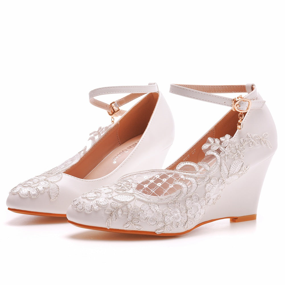 Round Toe Lace Ankle Strap Wedge Heel Wedding Shoes