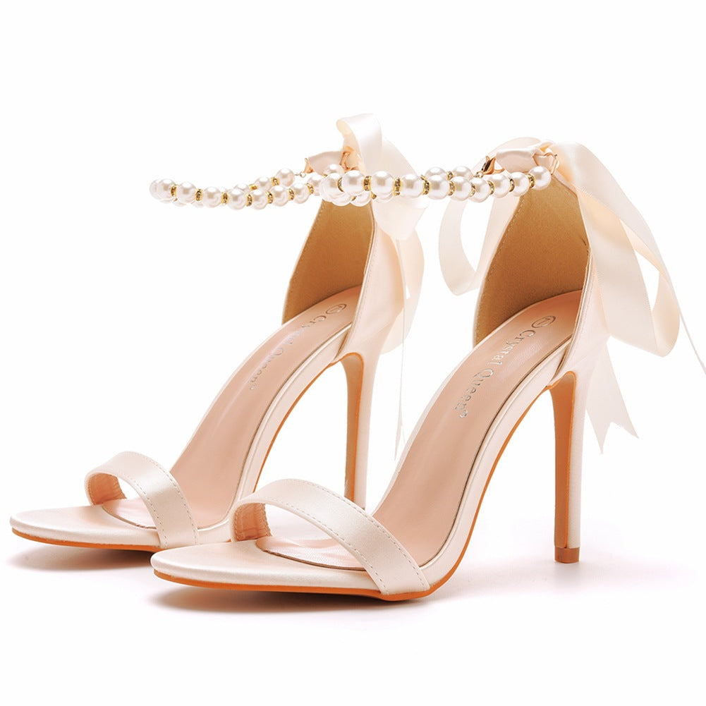 Open Toe Bow & Faux Pearl Satin Ankle Strap Stiletto