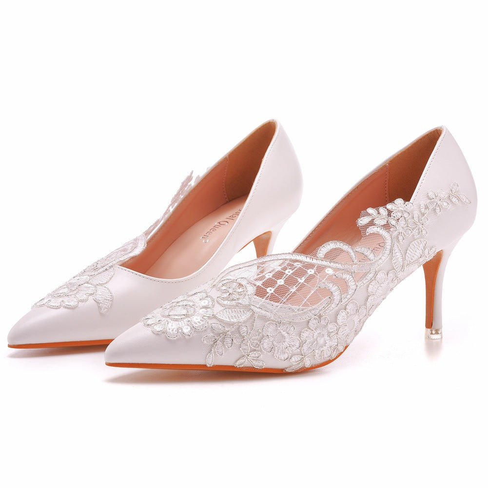 Women's Wedding Shoes White Lace Pointed Toe High Heels