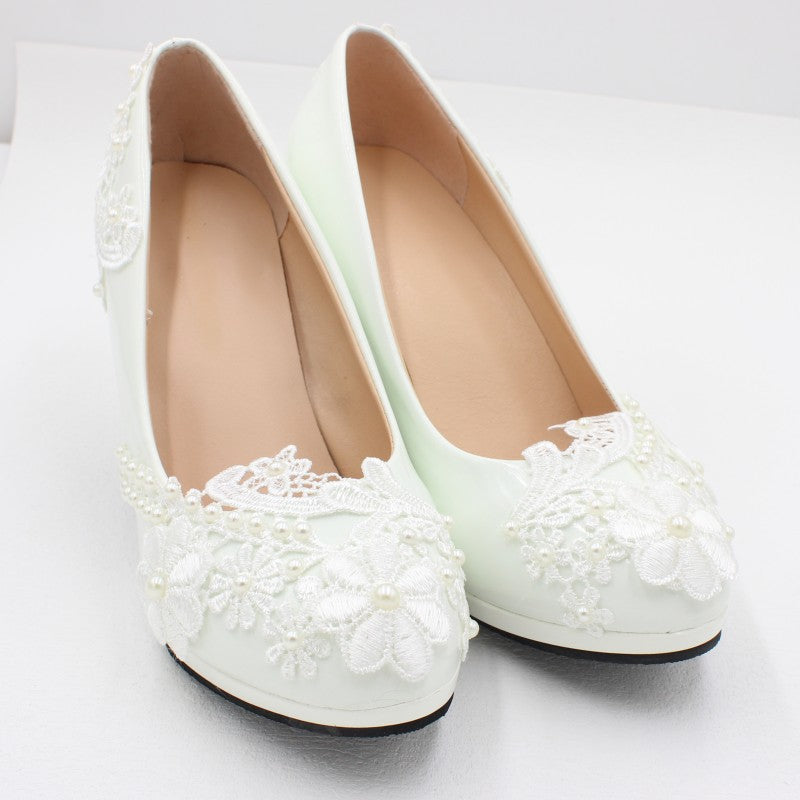 Round Toe High Heels Lace Wedding Shoes