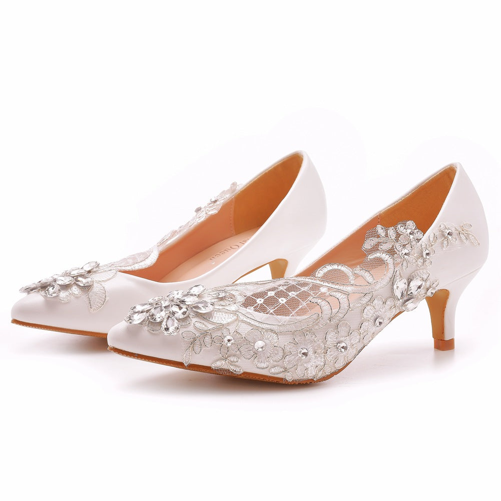 Women's Wedding Shoes Rhinestone Lace Flowers High Heels