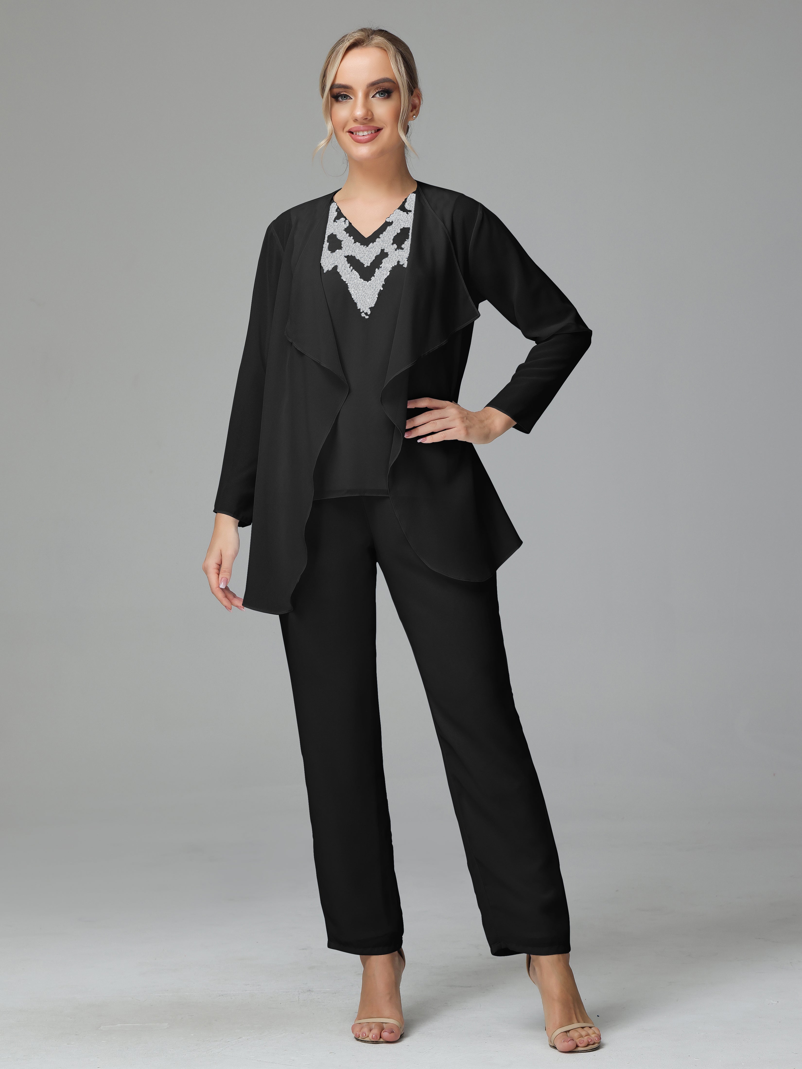 3 Pieces Chiffon Paillette Mother of Bride Dress Pant Suits