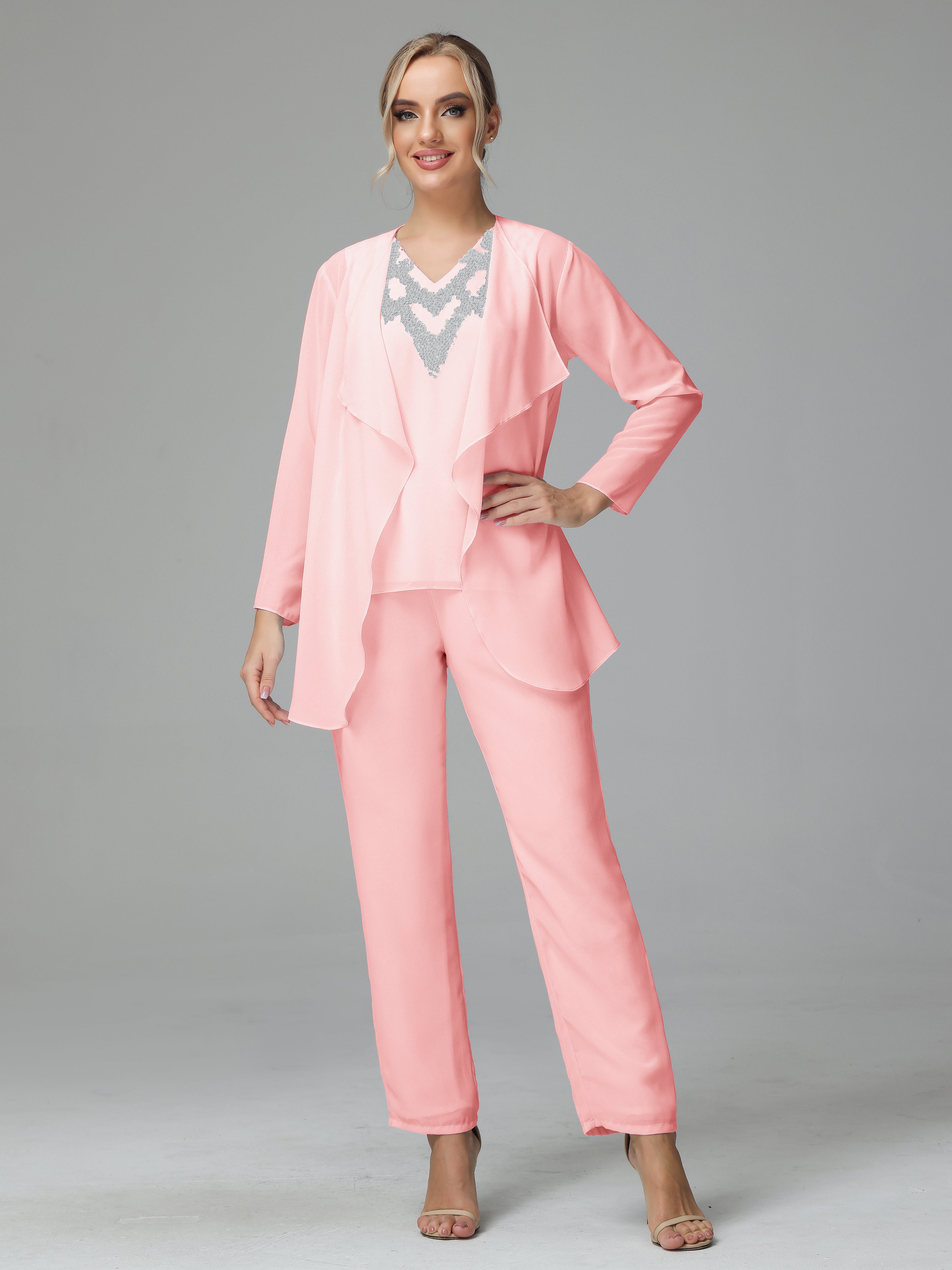 3 Pieces Chiffon Paillette Mother of Bride Dress Pant Suits