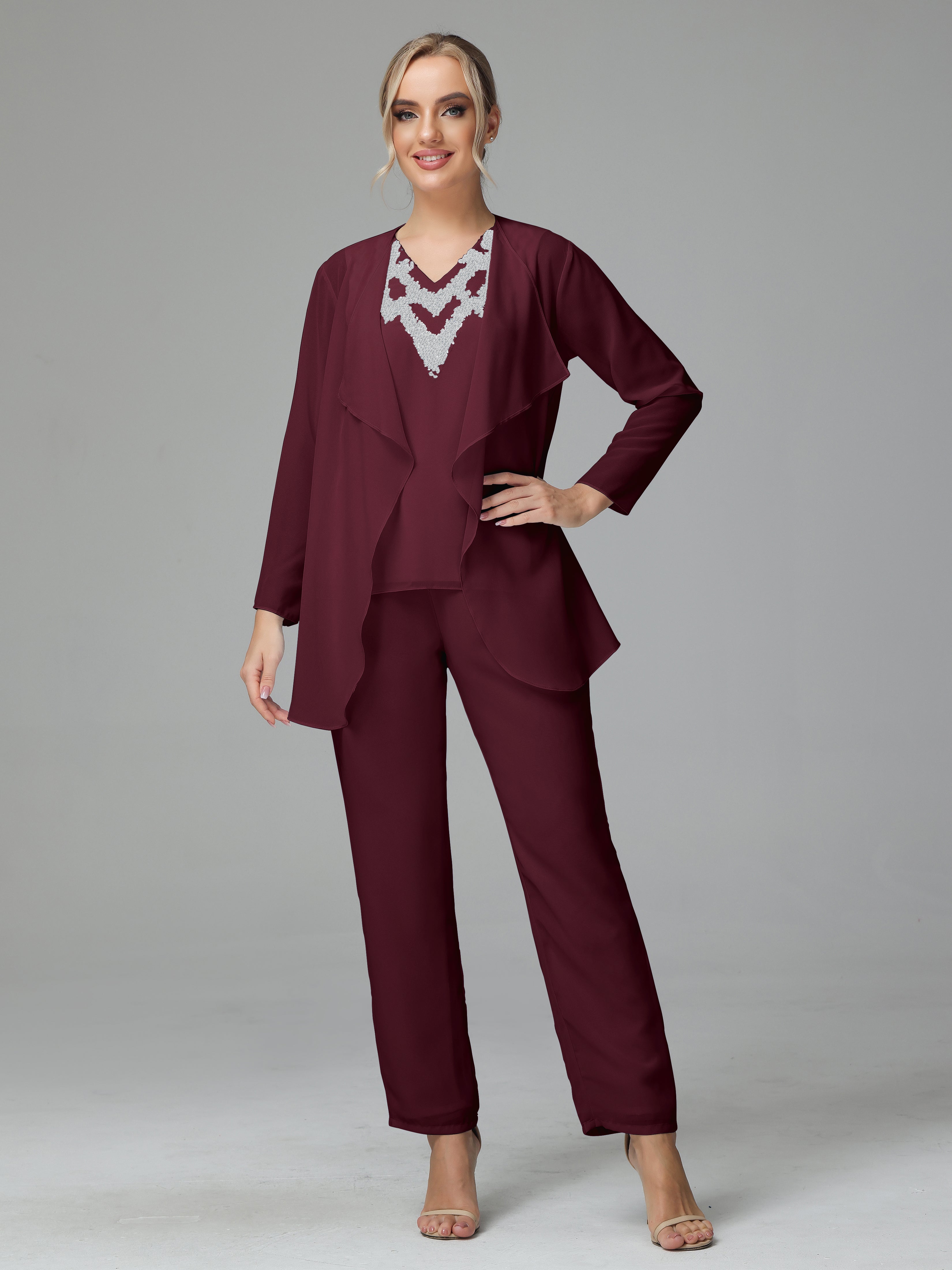 3 Pieces Chiffon Mother of Bride Dress Pant Suits | Cicinia