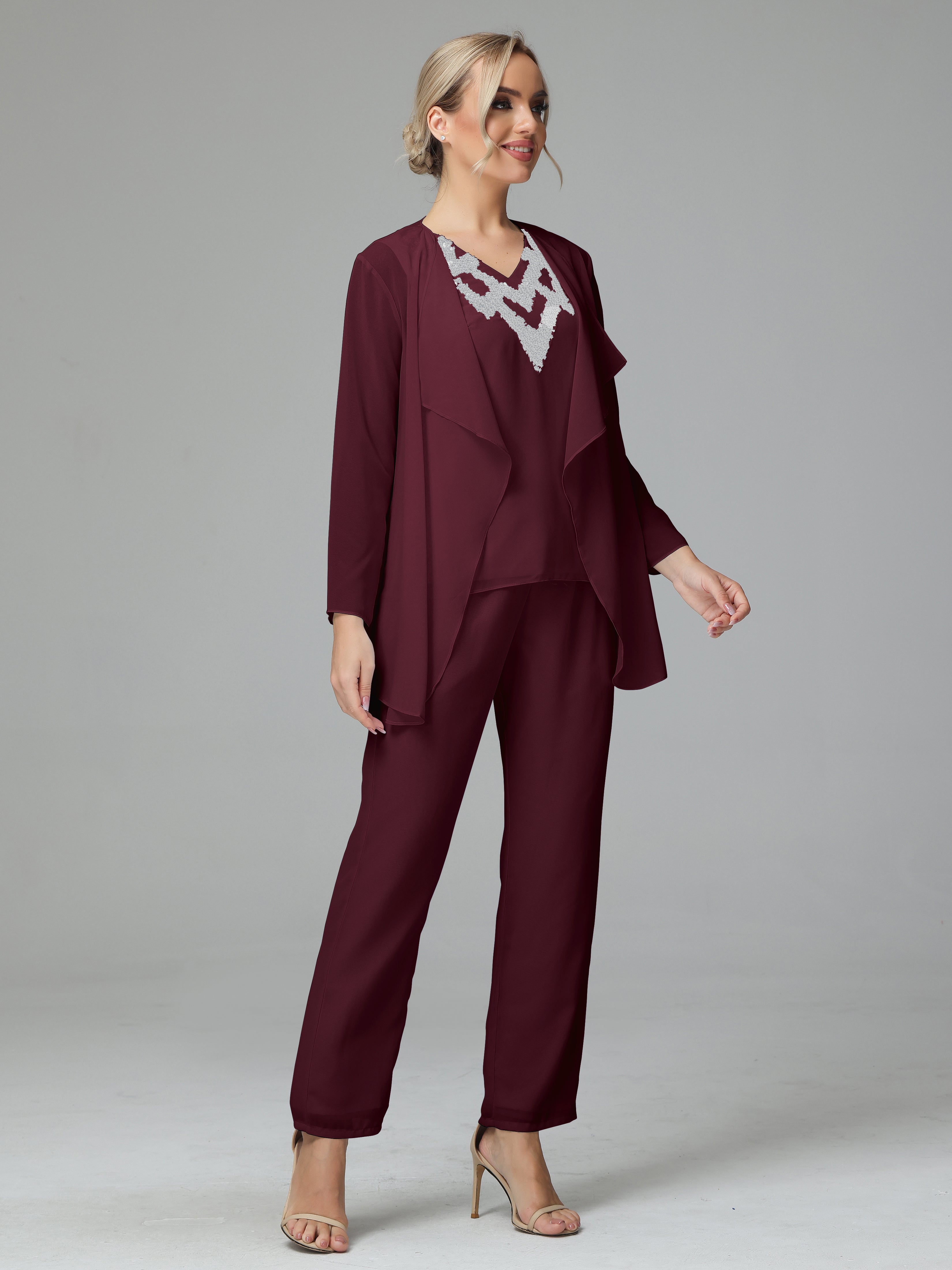 3 Pieces Chiffon Paillette Mother of Bride Dress Pant Suits Cabernet