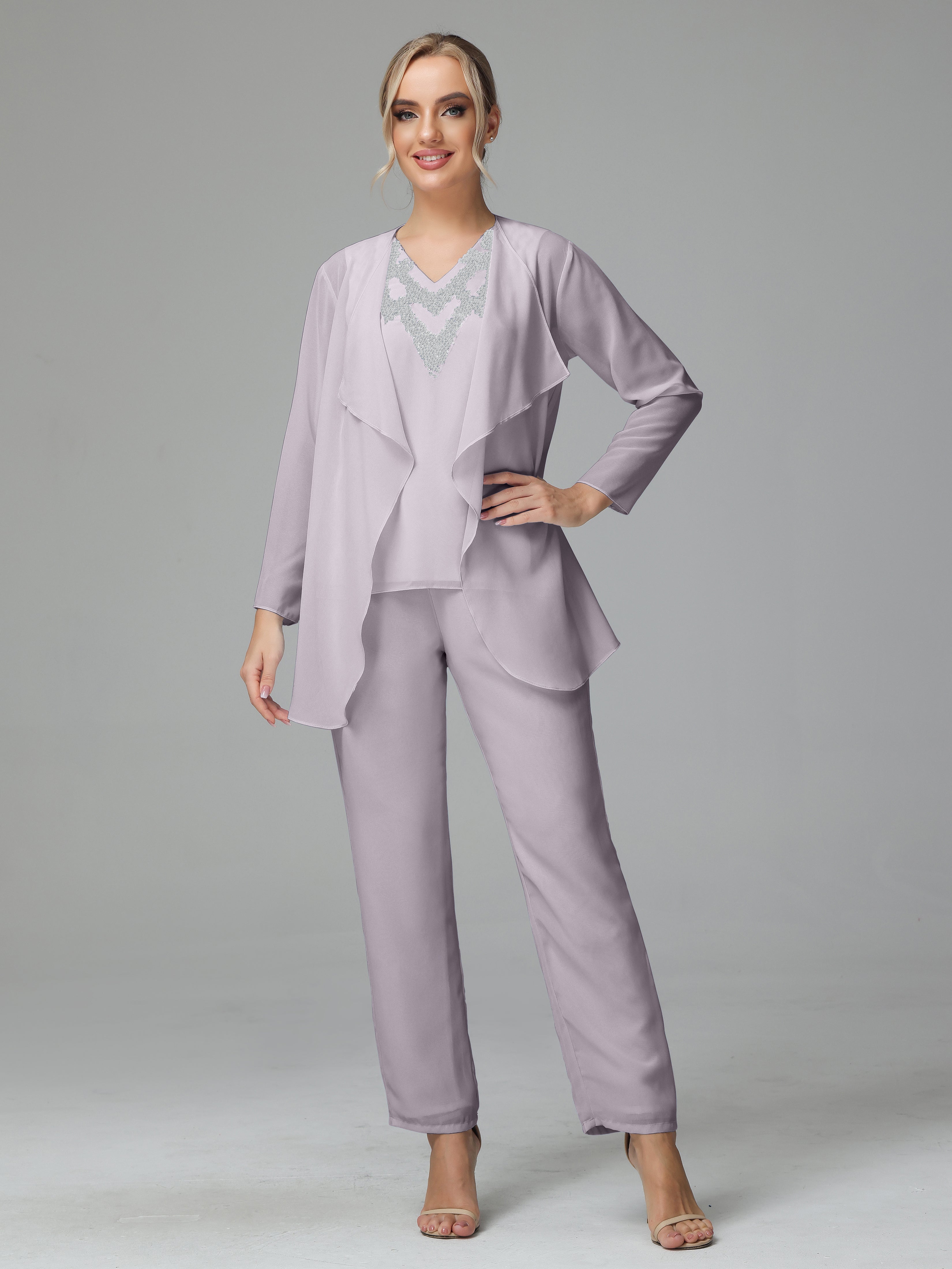 3 Pieces Chiffon Paillette Mother of Bride Dress Pant Suits