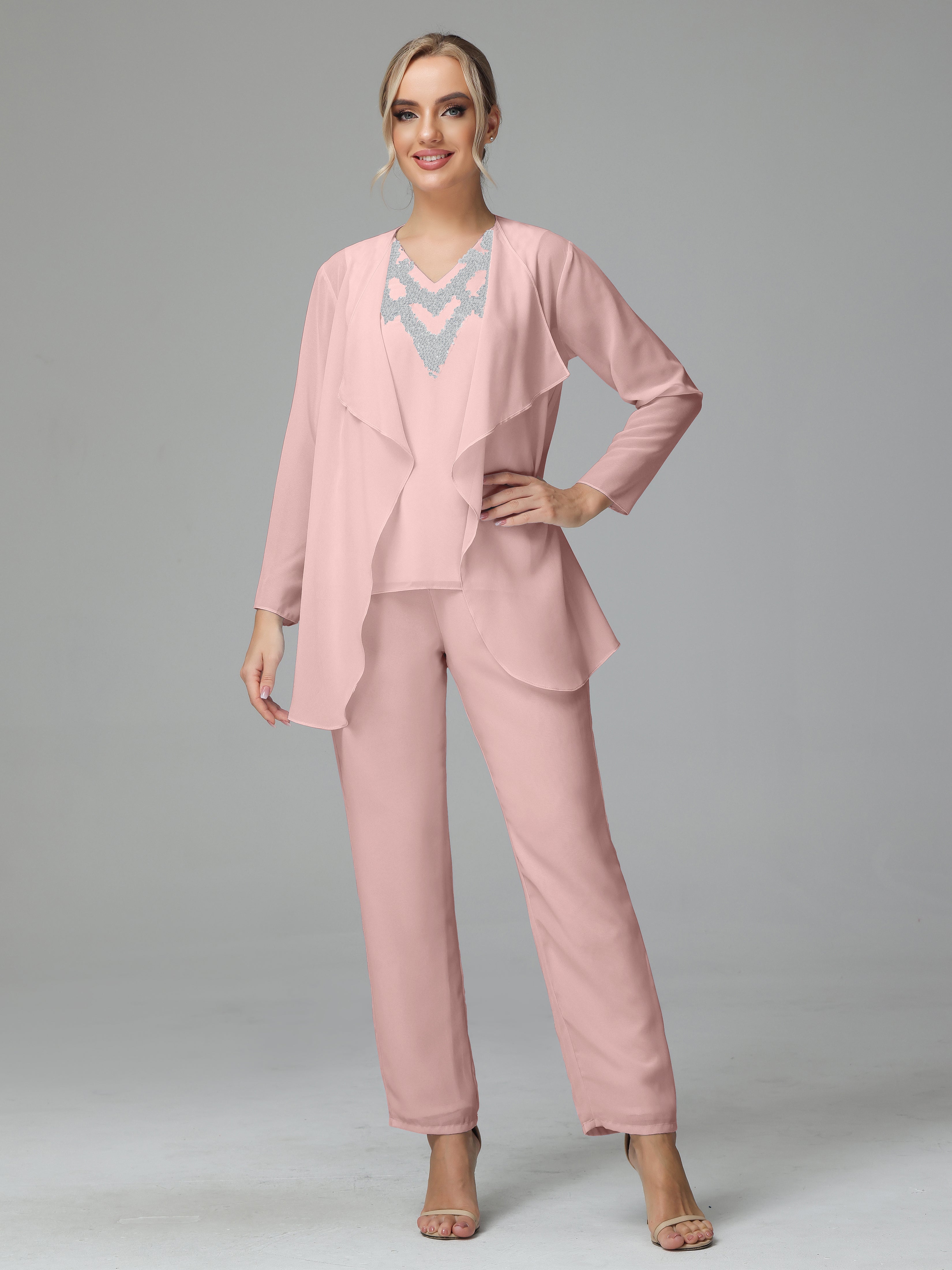 3 Pieces Chiffon Paillette Mother of Bride Dress Pant Suits