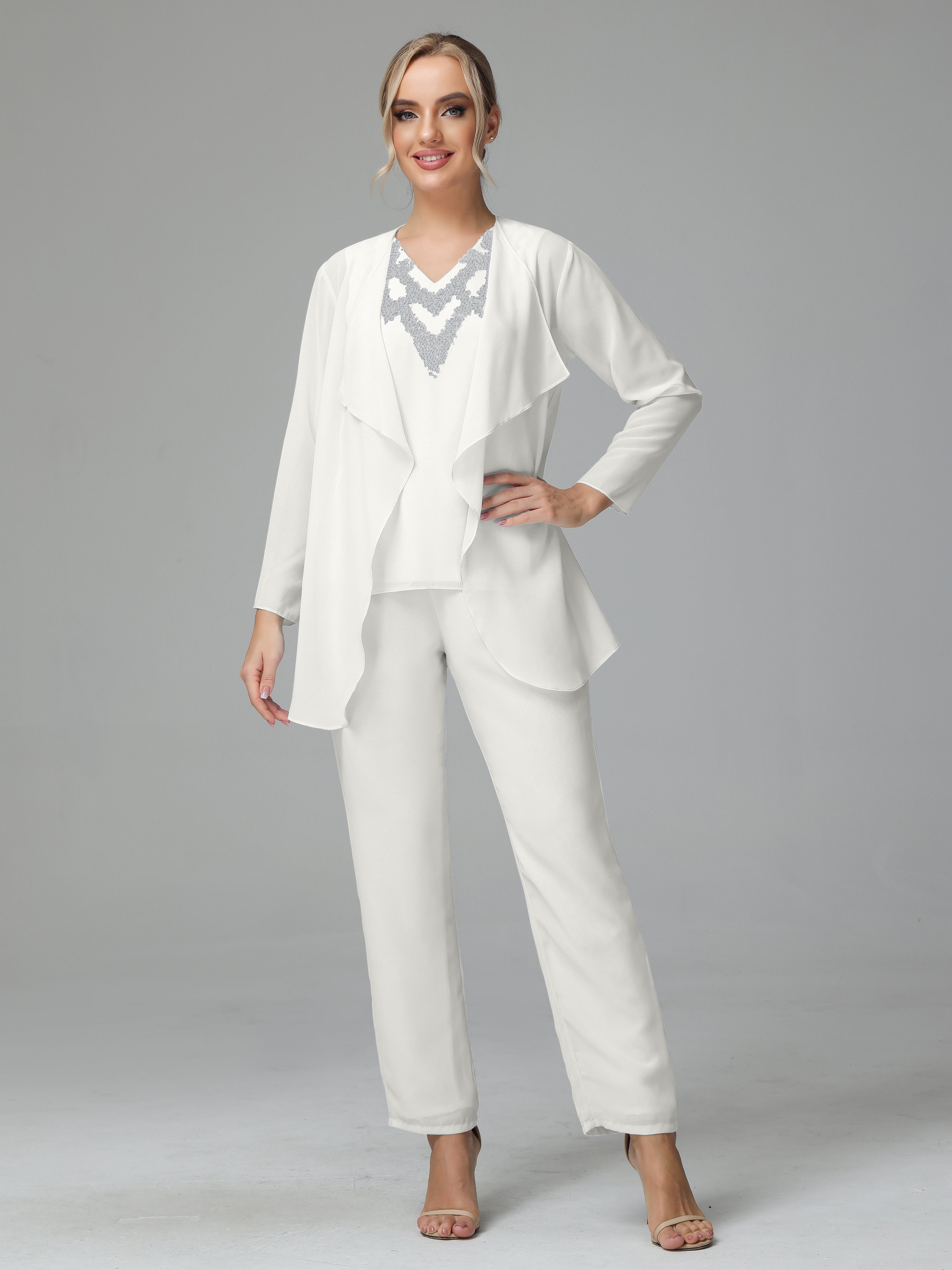 3 Pieces Chiffon Paillette Mother of Bride Dress Pant Suits