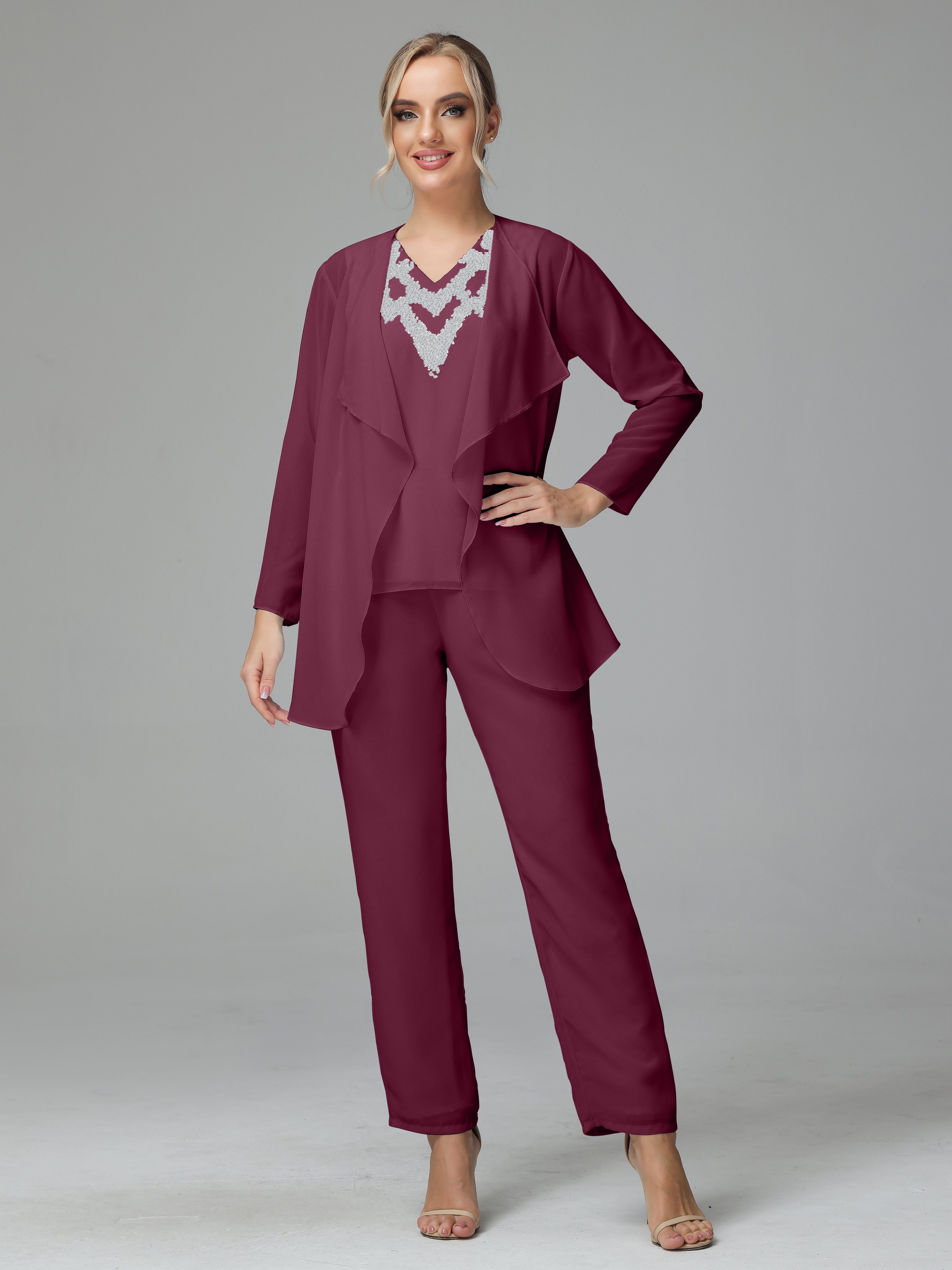 3 Pieces Chiffon Paillette Mother of Bride Dress Pant Suits