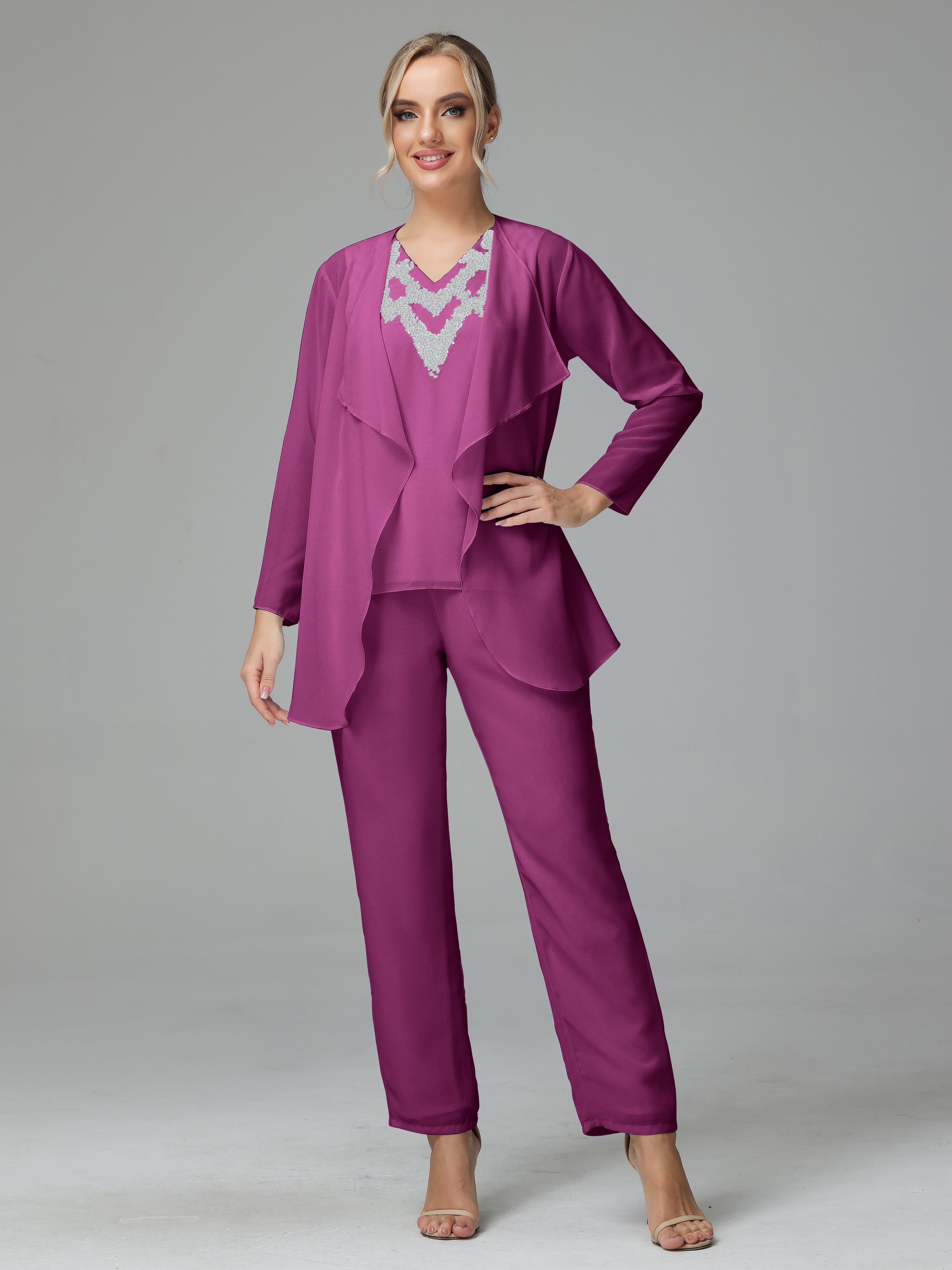 3 Pieces Chiffon Paillette Mother of Bride Dress Pant Suits