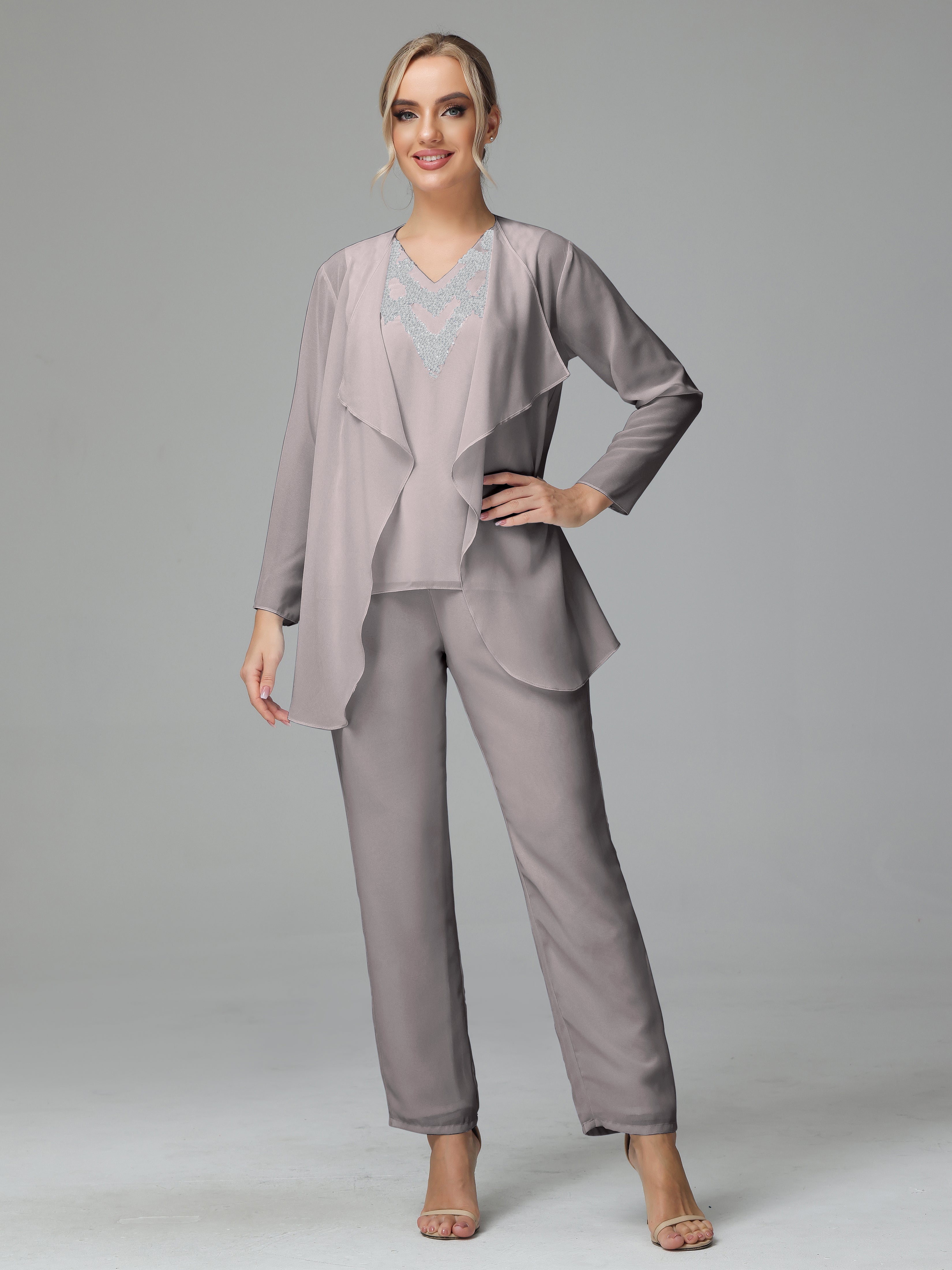 3 Pieces Chiffon Paillette Mother of Bride Dress Pant Suits