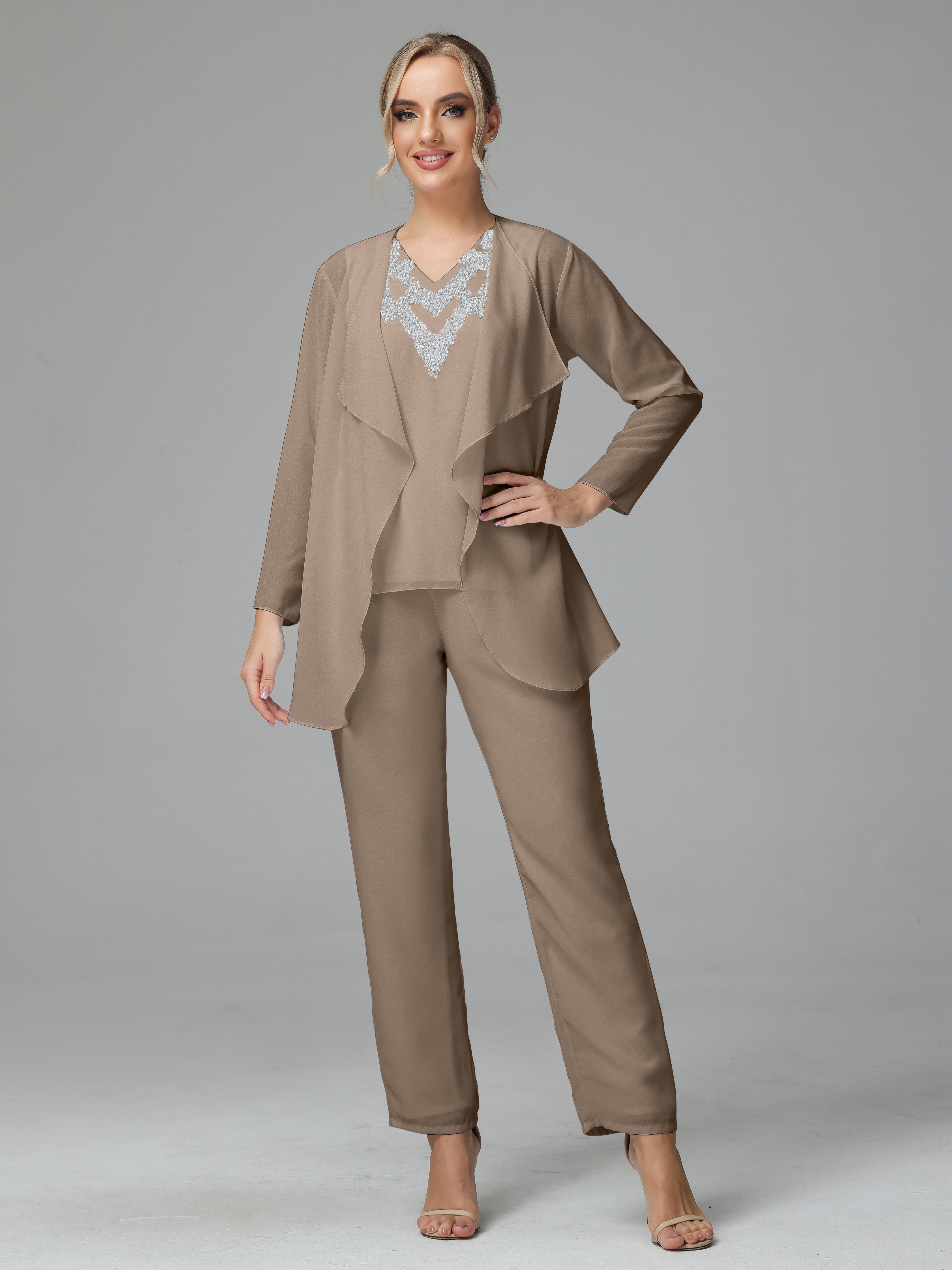 3 Pieces Chiffon Paillette Mother of Bride Dress Pant Suits