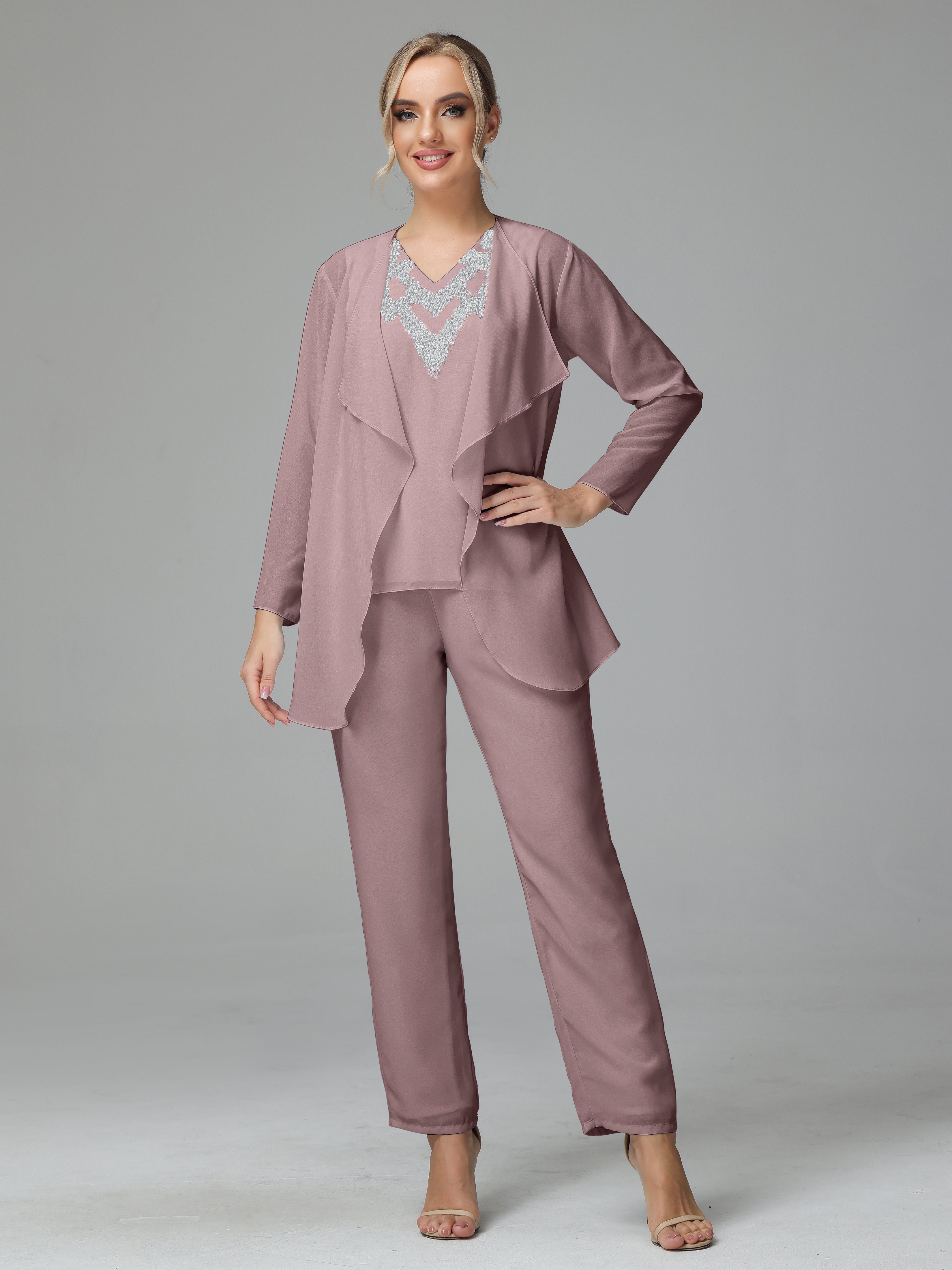 3 Pieces Chiffon Paillette Mother of Bride Dress Pant Suits