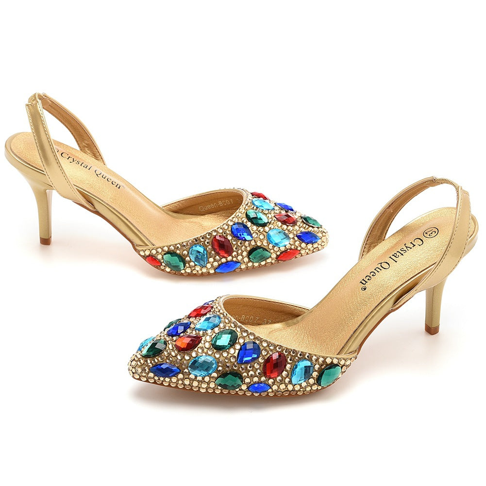 Pointed Toe Fashionable Rhinestone Decor Slingback High Heels